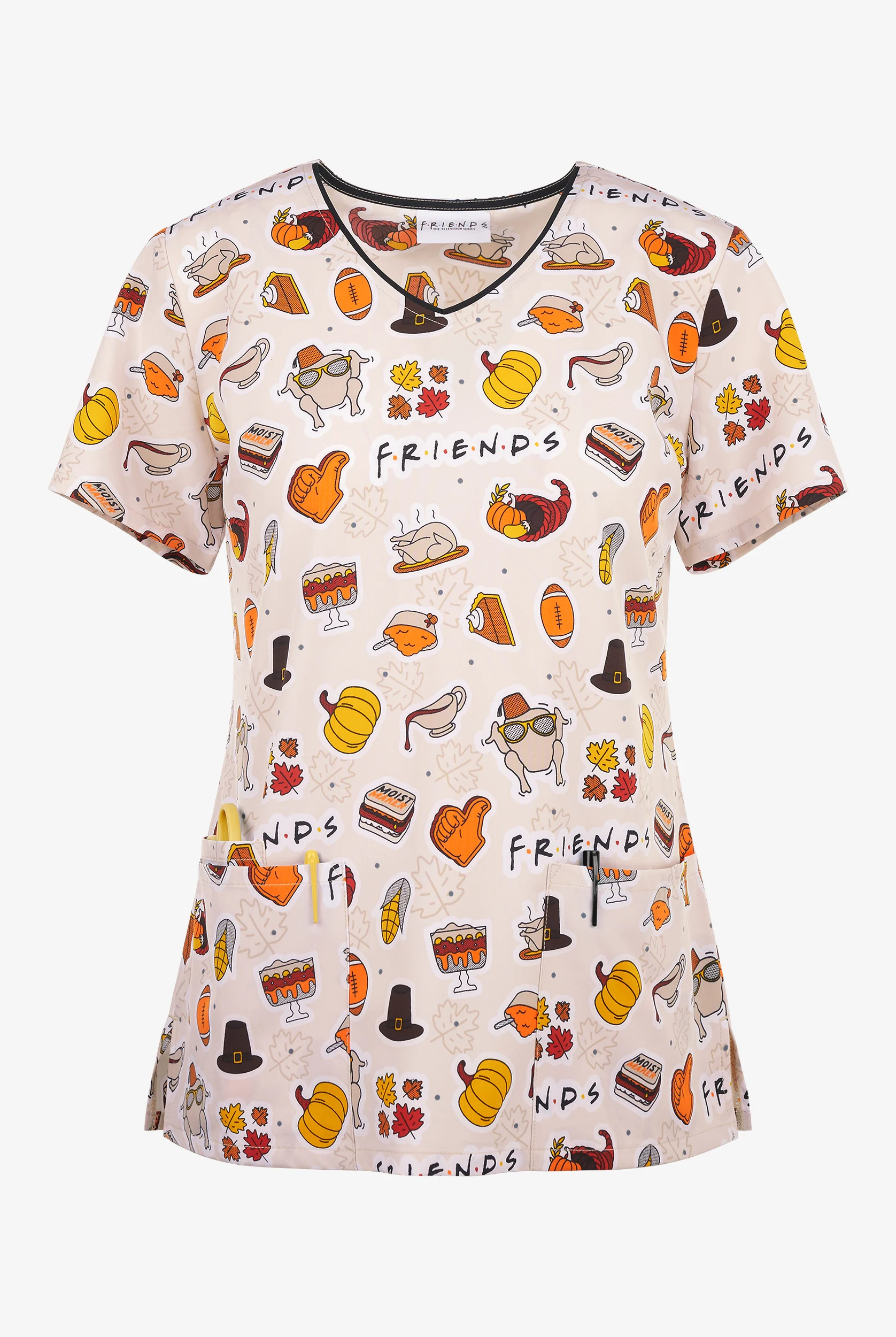 Tooniforms Friends Gathering Women's 3-Pocket STRETCH V-Neck Print Scrub Top