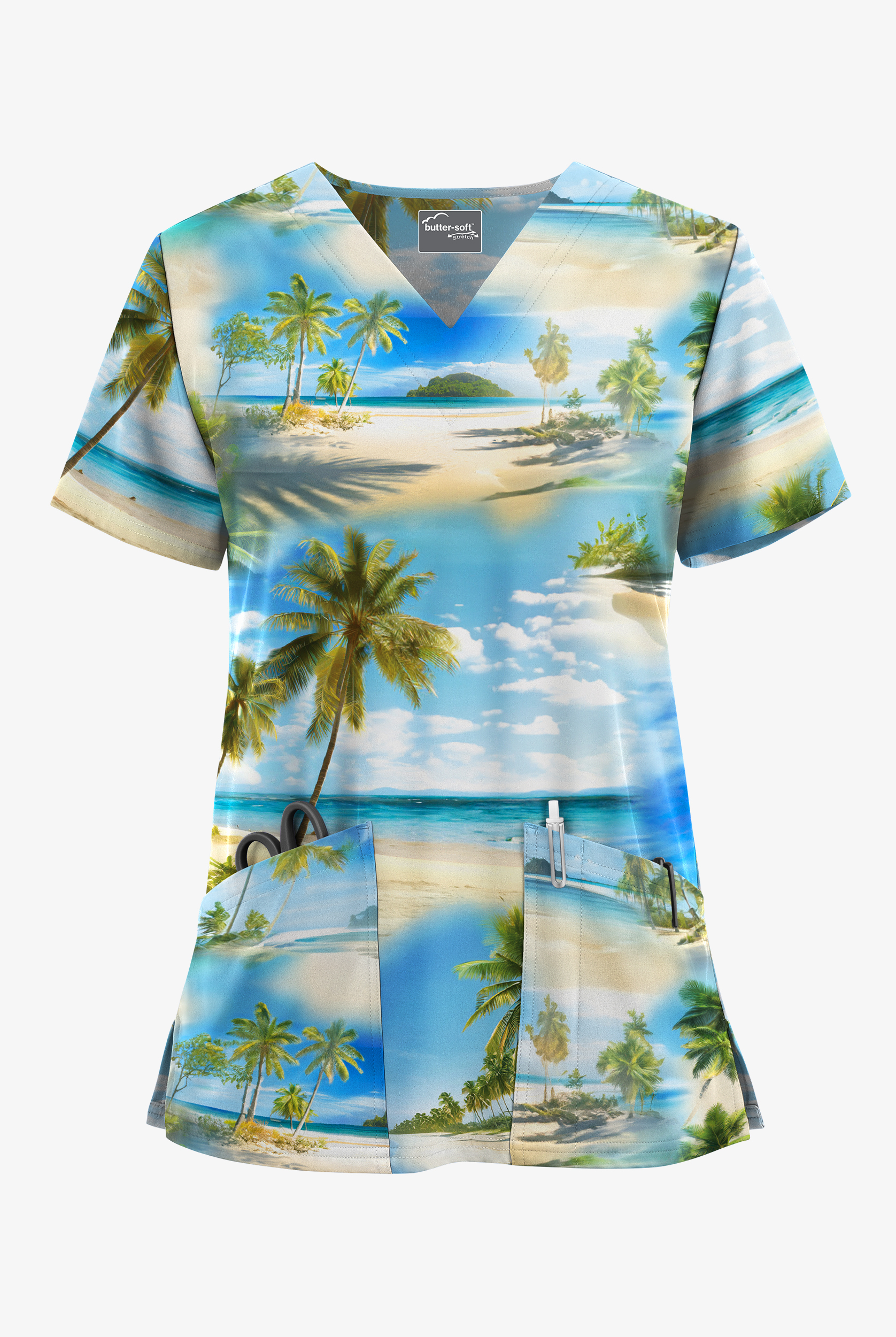 Butter-Soft STRETCH Aloha Paradise Turquoise Women's 2-Pocket V-Neck Print Scrub Top