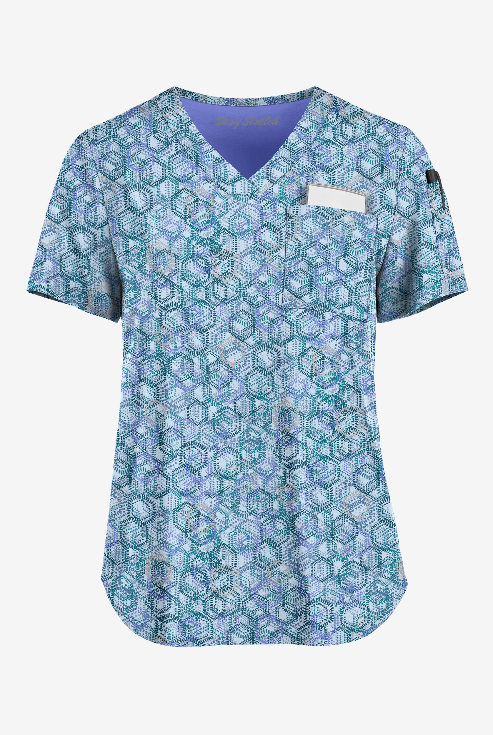 Easy STRETCH  Dotted Geo Caribbean Blue Women's 3-Pocket Tuck-In V-Neck Print Scrub Top