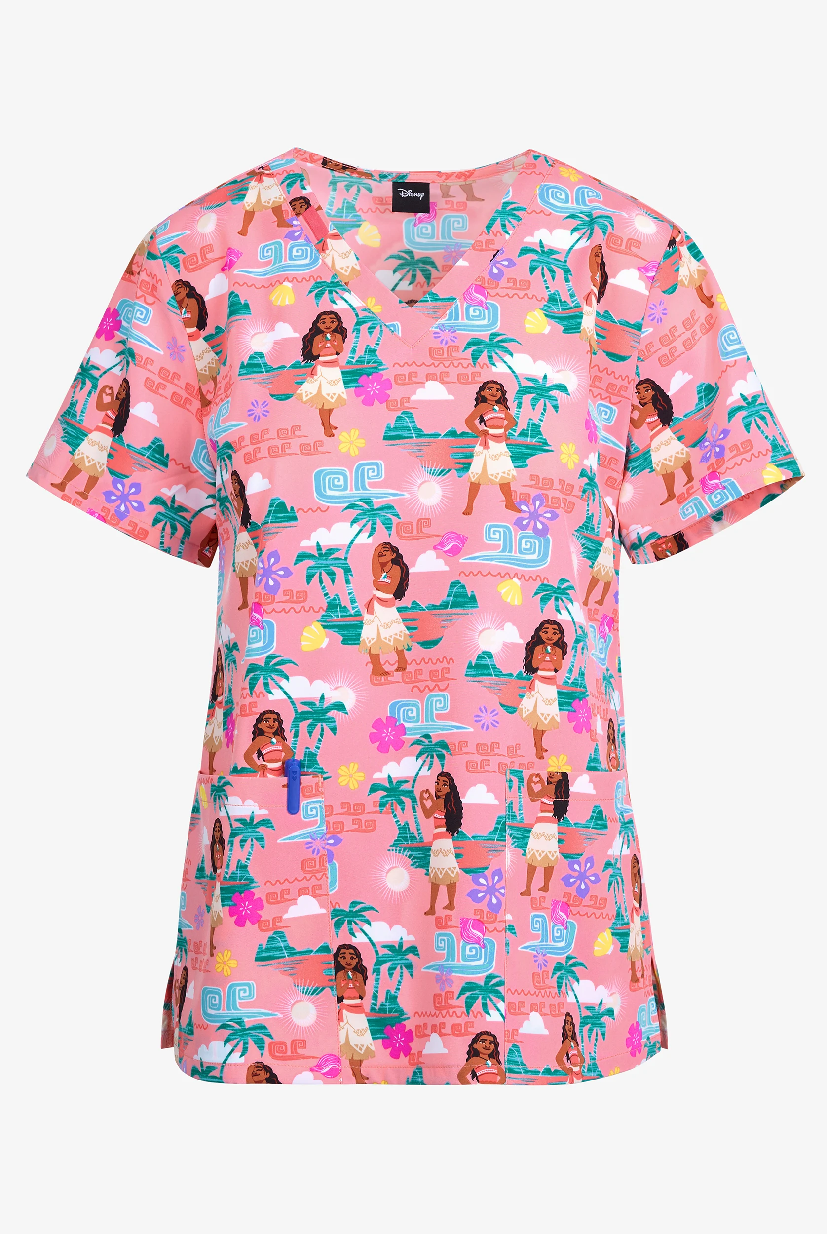 Tooniforms Disney's Moana The Sea Is Calling Women's 2-Pocket STRETCH V-Neck Print Scrub Top