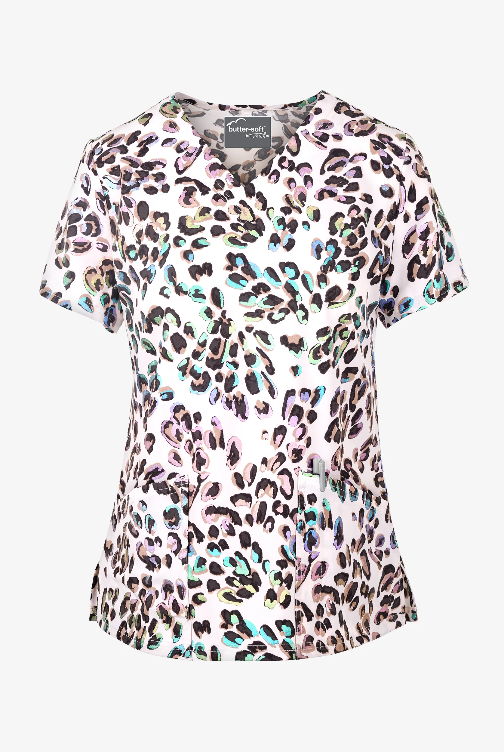 Butter-Soft STRETCH Cheetah Luxe Cream Women's 2-Pocket V-Neck Print Scrub Top
