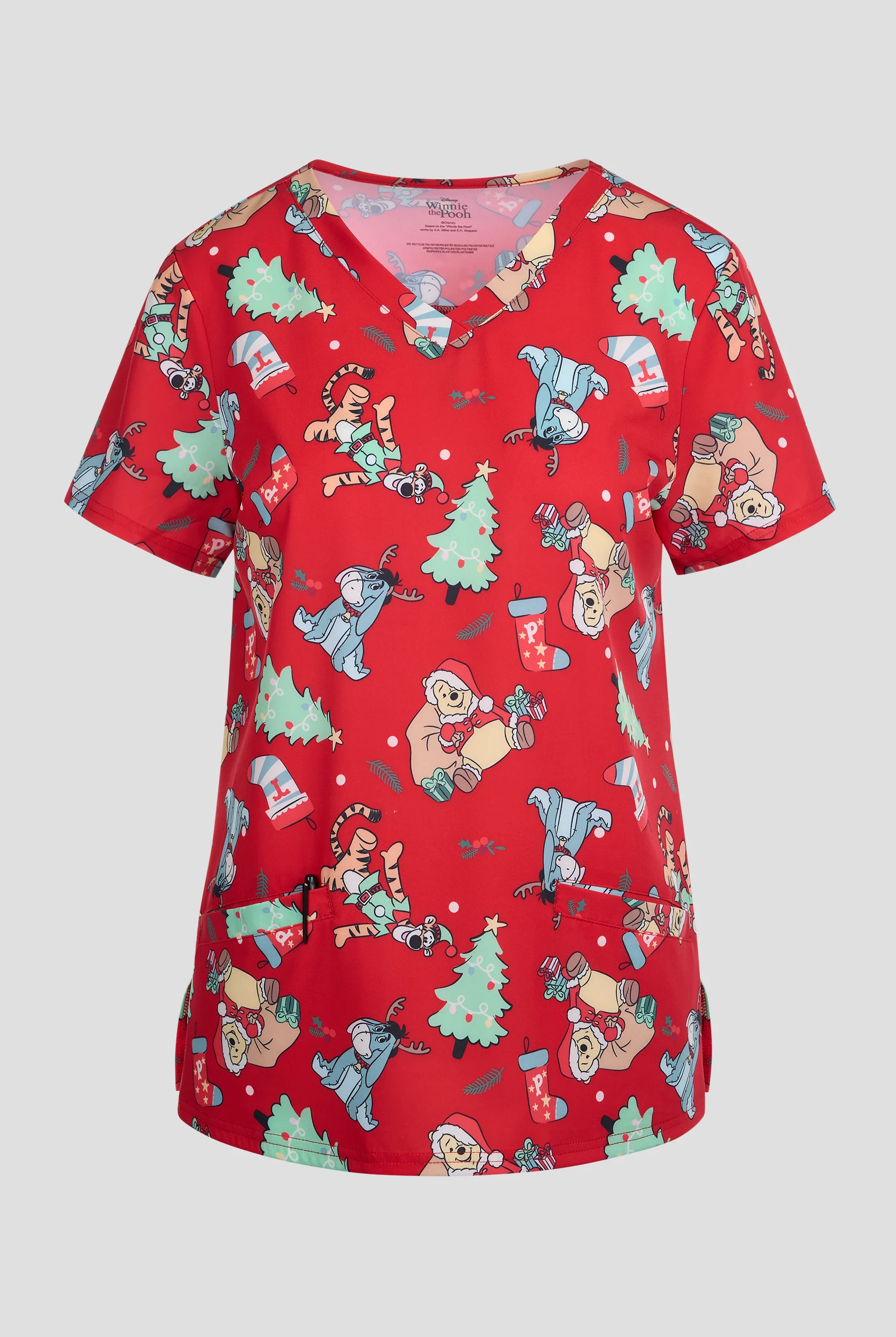Disney's Winnie the Pooh Christmas by Funscrubs Women's 2-Pocket STRETCH V-Neck Print Scrub Top