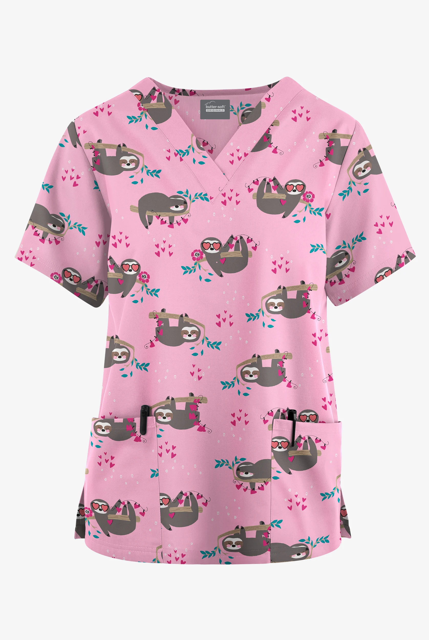 Butter-Soft Originals Slow Love Blush Women's 2- Pocket V-Neck Print Scrub Top