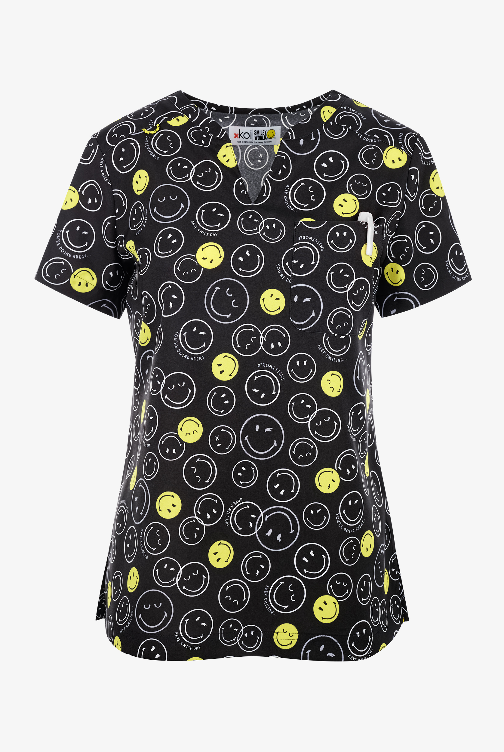 koi Smiley World Doing Great Women's 1-Pocket STRETCH Y-Neck Print Scrub Top
