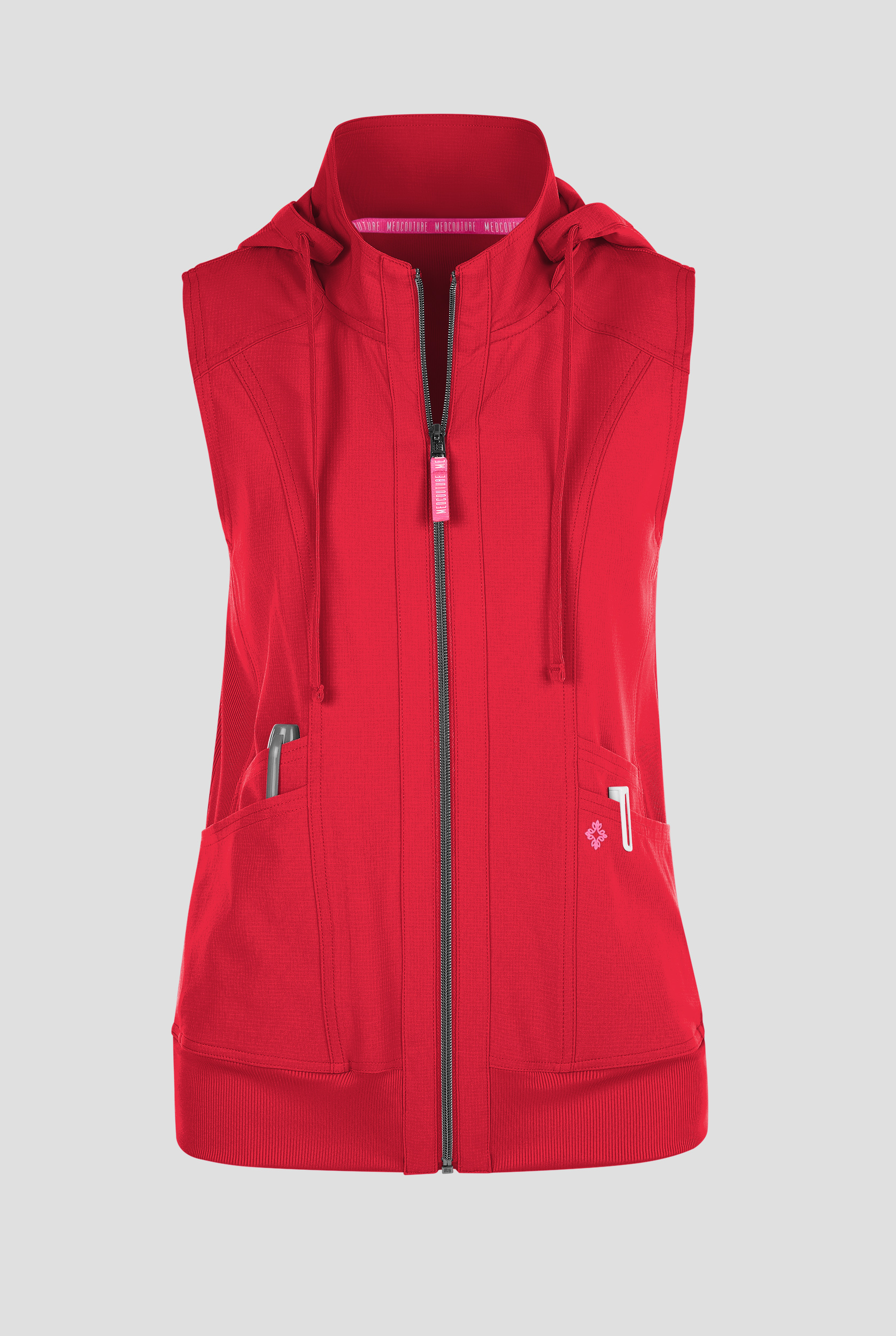 Med Couture Amp Women's 4-Pocket STRETCH Zip Front Removable Hoodie Scrub Vest