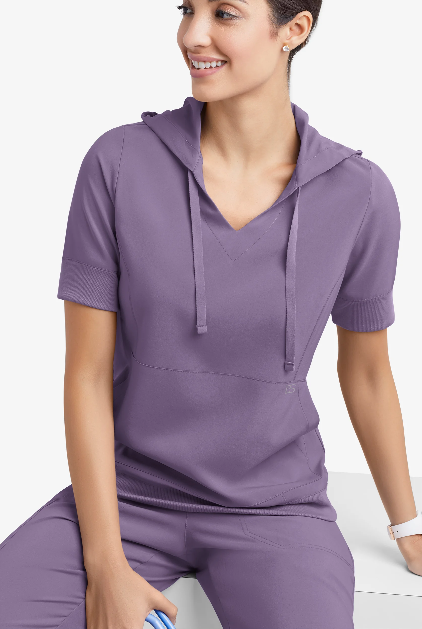 Easy STRETCH True Women's 3-Pocket Short Sleeve Pull-Over Scrub Hoodie