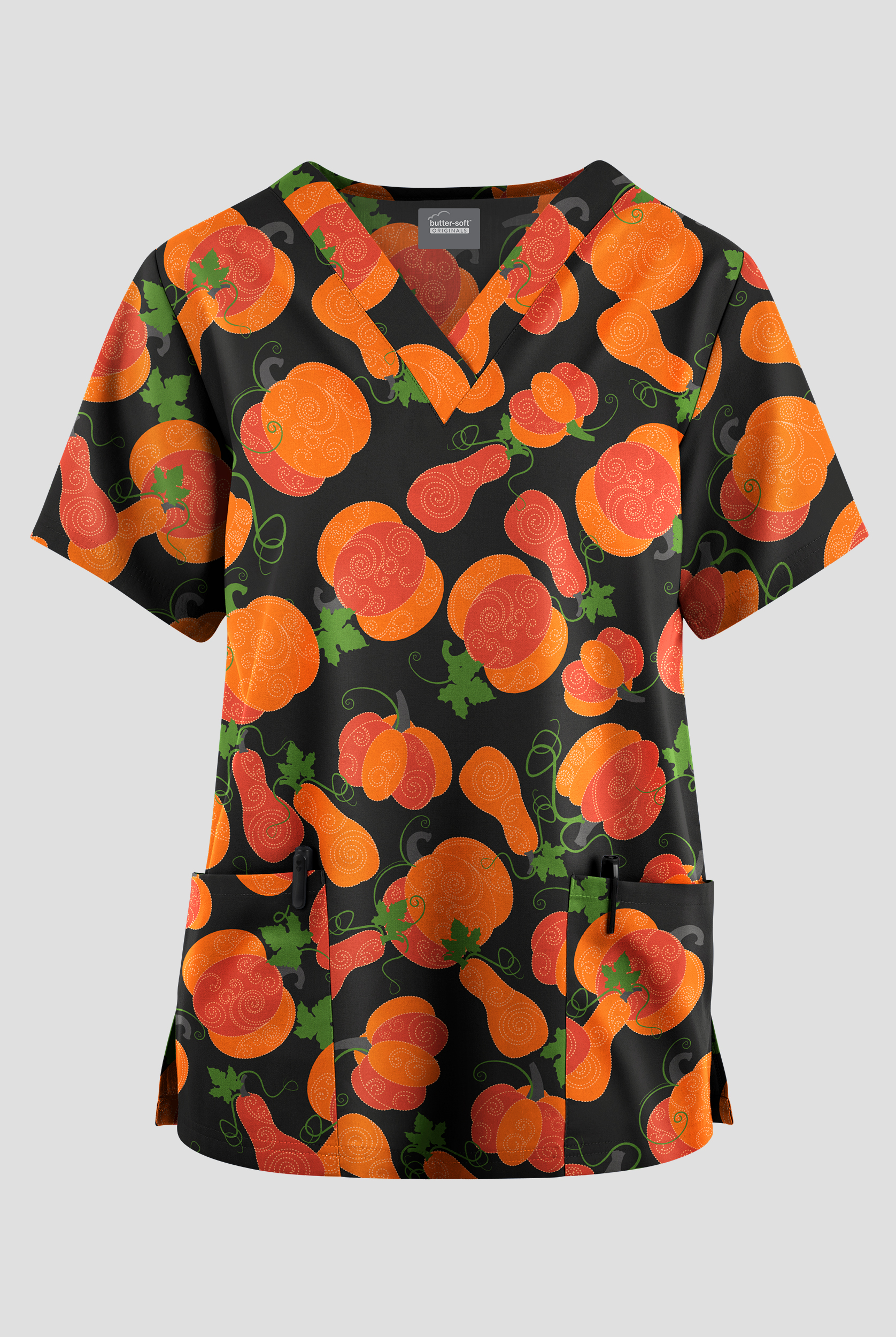 Butter-Soft Originals Deco Pumpkins Women's 2-Pocket V-Neck Print Scrub Top
