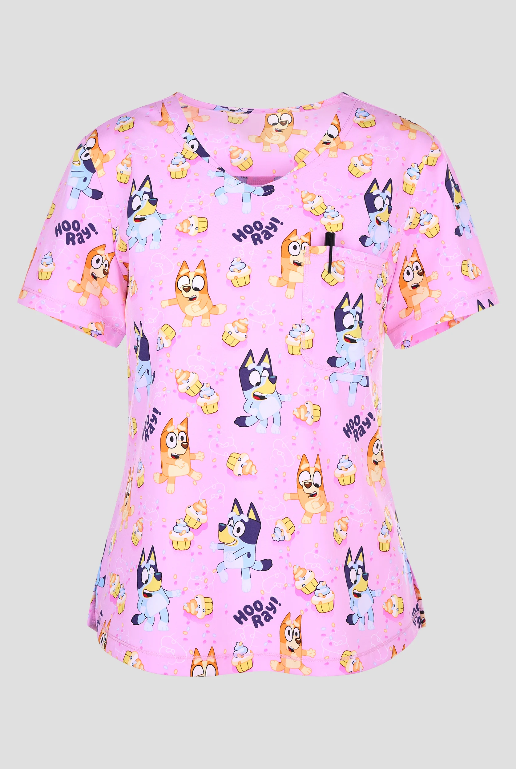 Tooniforms Bluey Hooray, Cupcakes Women's 2-Pocket STRETCH V-Neck Print Scrub Top