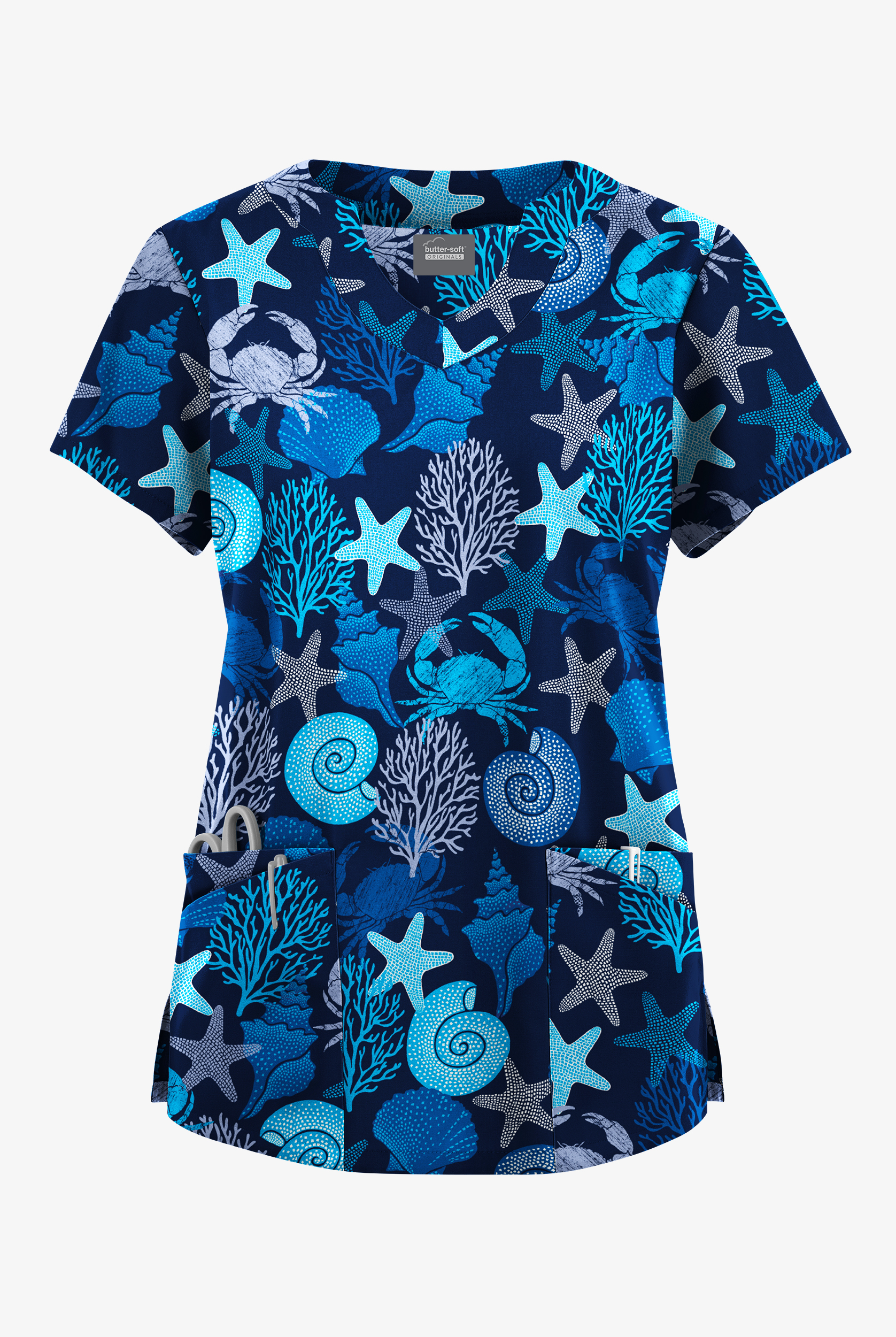 Butter-Soft Originals Beach Day Navy Women's 6-Pocket Scallop Neck Print Scrub Top