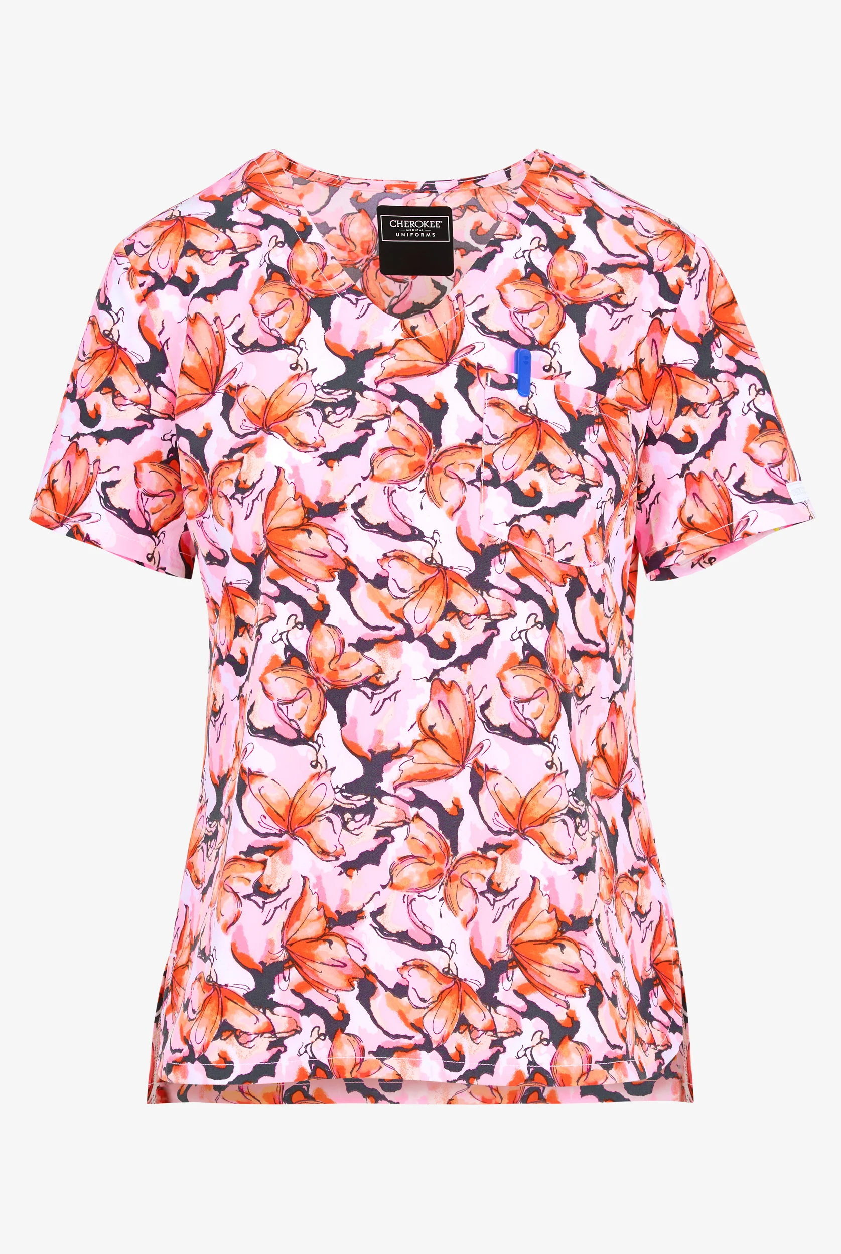Cherokee Active Butterfly Women's 1-Pocket STRETCH V-Neck Print Scrub Top