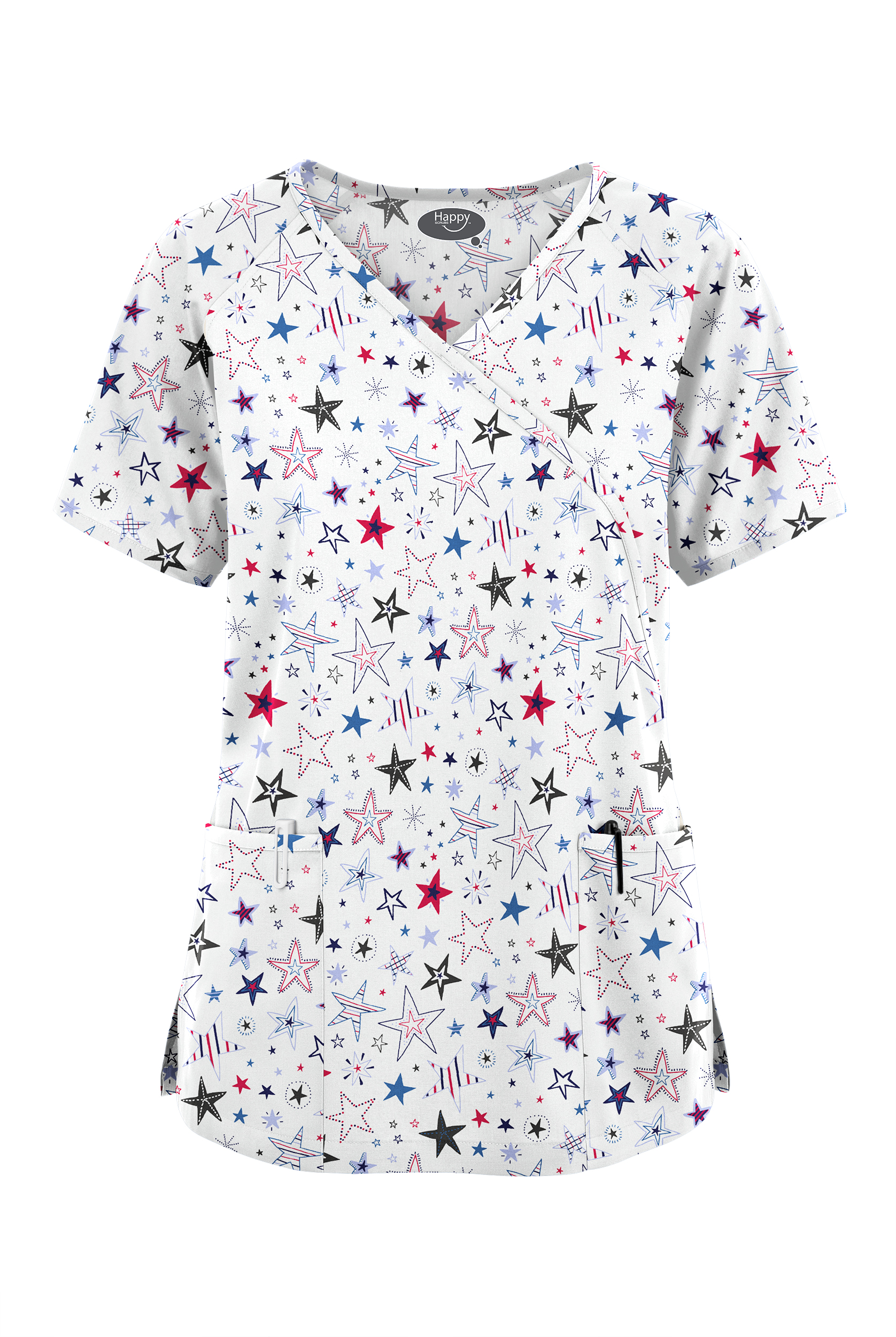 Happy Scrubs Summer Starburst Women's 3-Pocket Mock Wrap With Ties Print Scrub Top