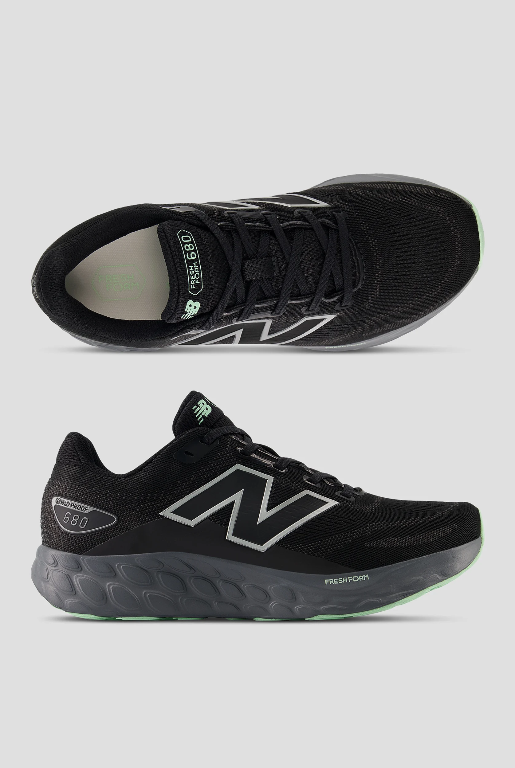 New Balance Women's Fresh Foam 680 Waterproof Black/Lab Green Athletic Lace Up Shoes