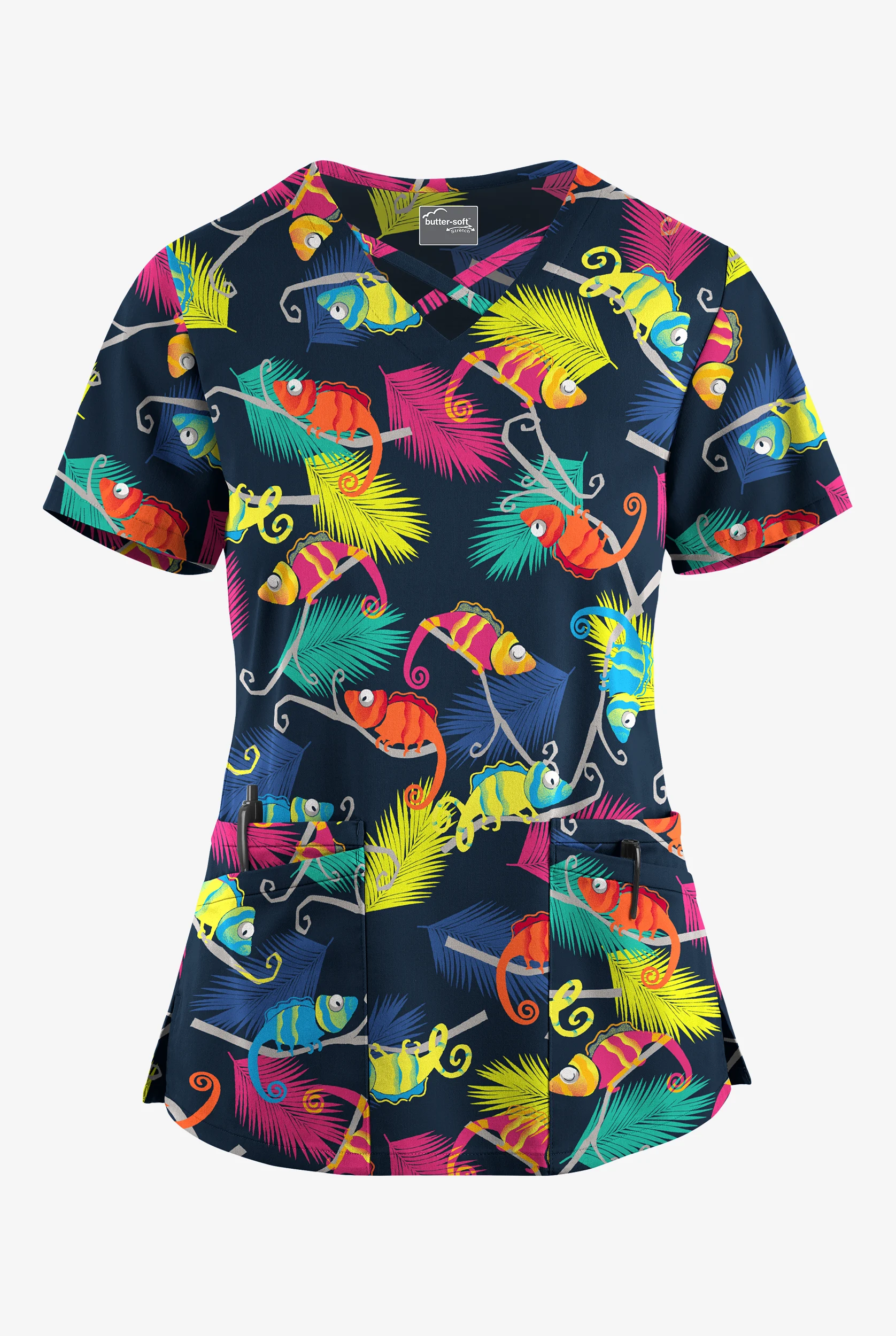 Butter-Soft STRETCH Chameleon Adventure Navy Women's 4-Pocket Crisscross Print Scrub Top