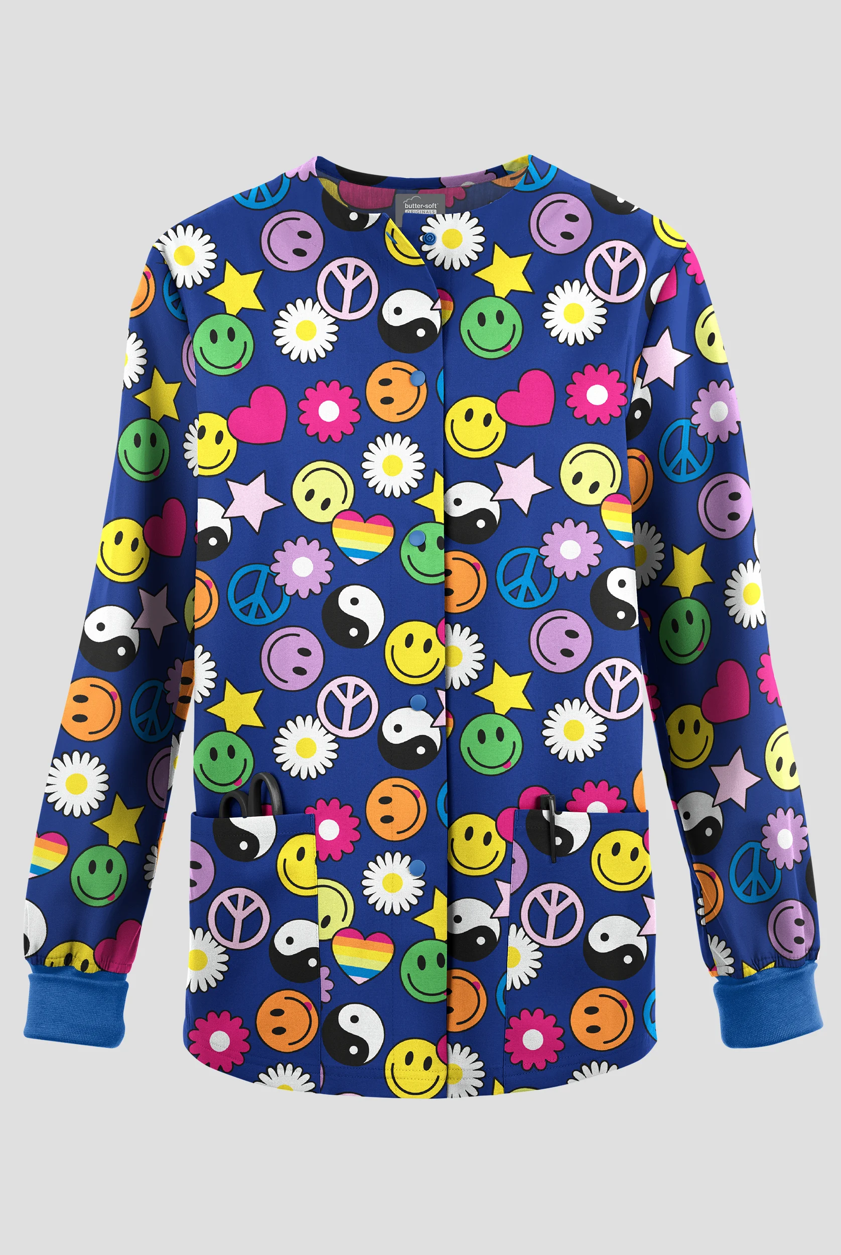 Butter-Soft Originals Peace Love Happiness Royal Women's 3-Pocket Warm-Up Print Scrub Jacket
