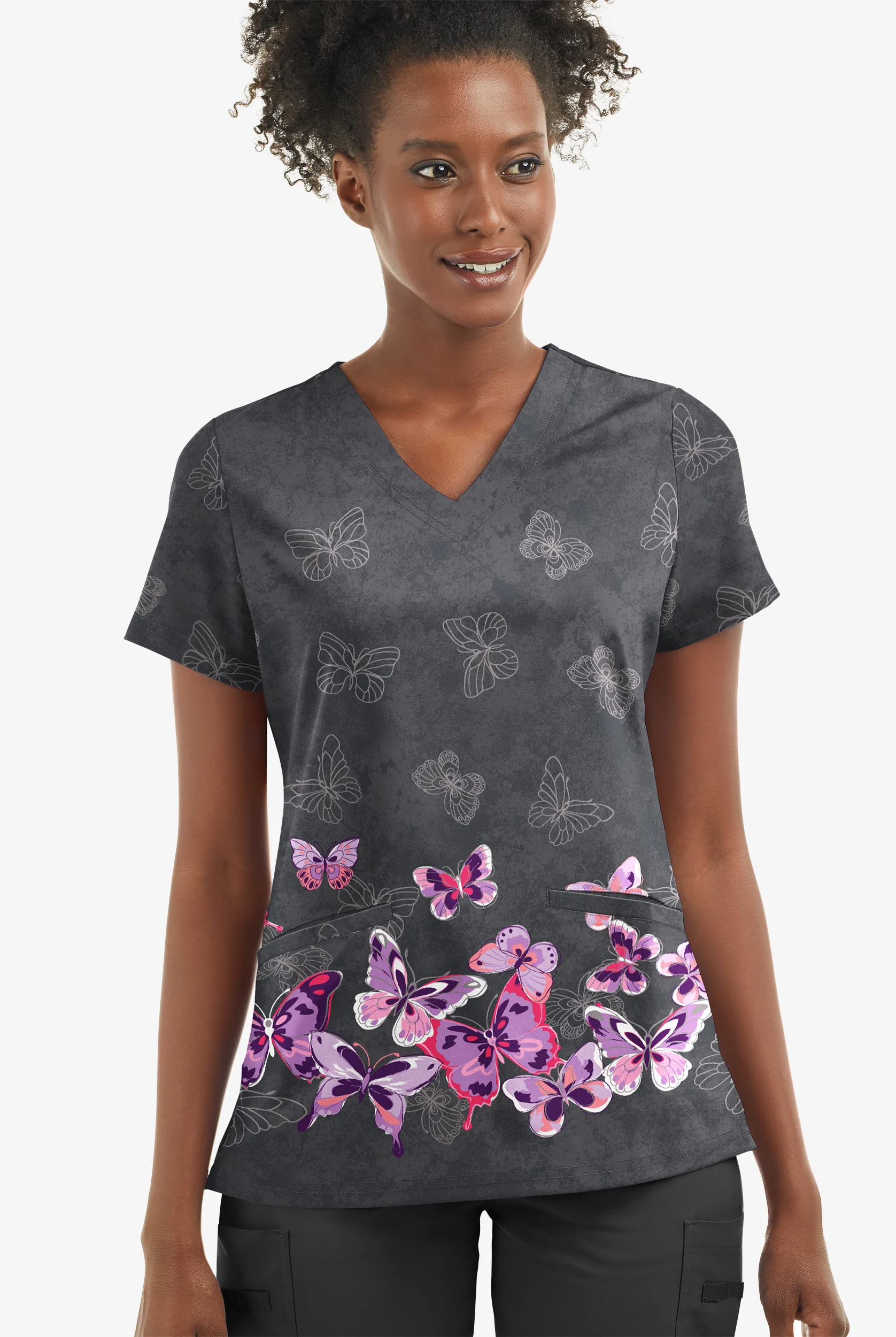 Butter-Soft STRETCH Butterfly Border Pewter Women's 2-Angled Welt Pocket V-Neck Print Scrub Top