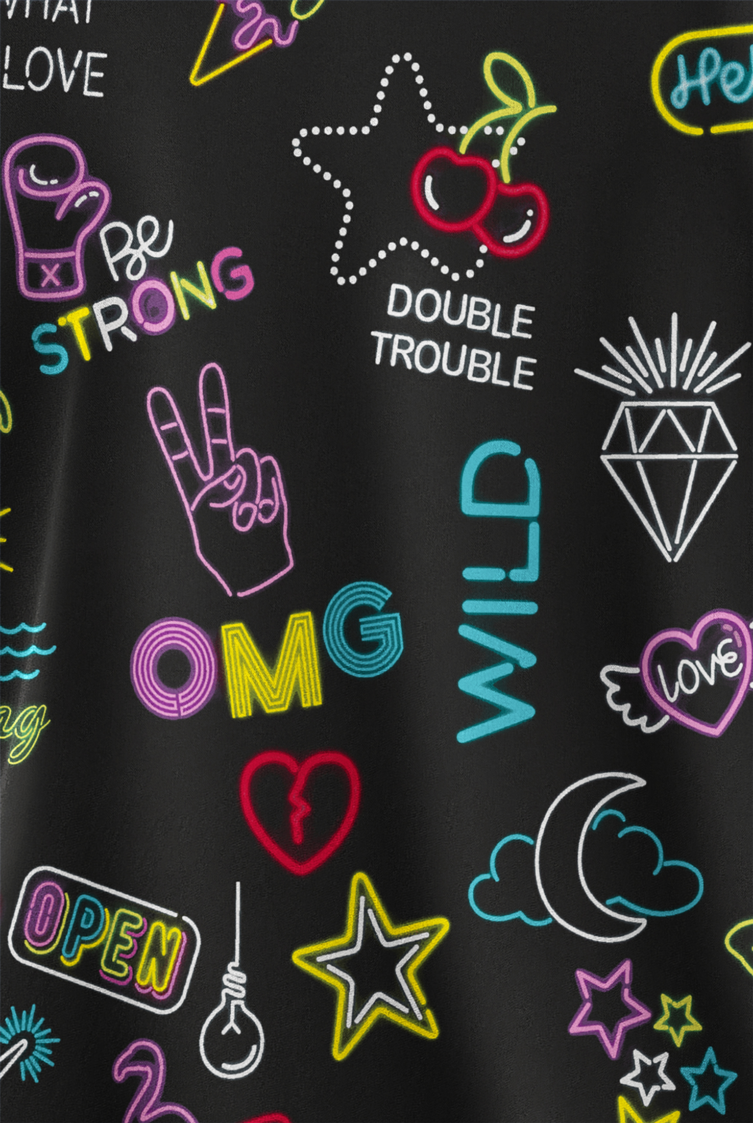 Butter-Soft STRETCH Neon Vibes Black Women's 2-Pocket V-Neck Print Scrub Top