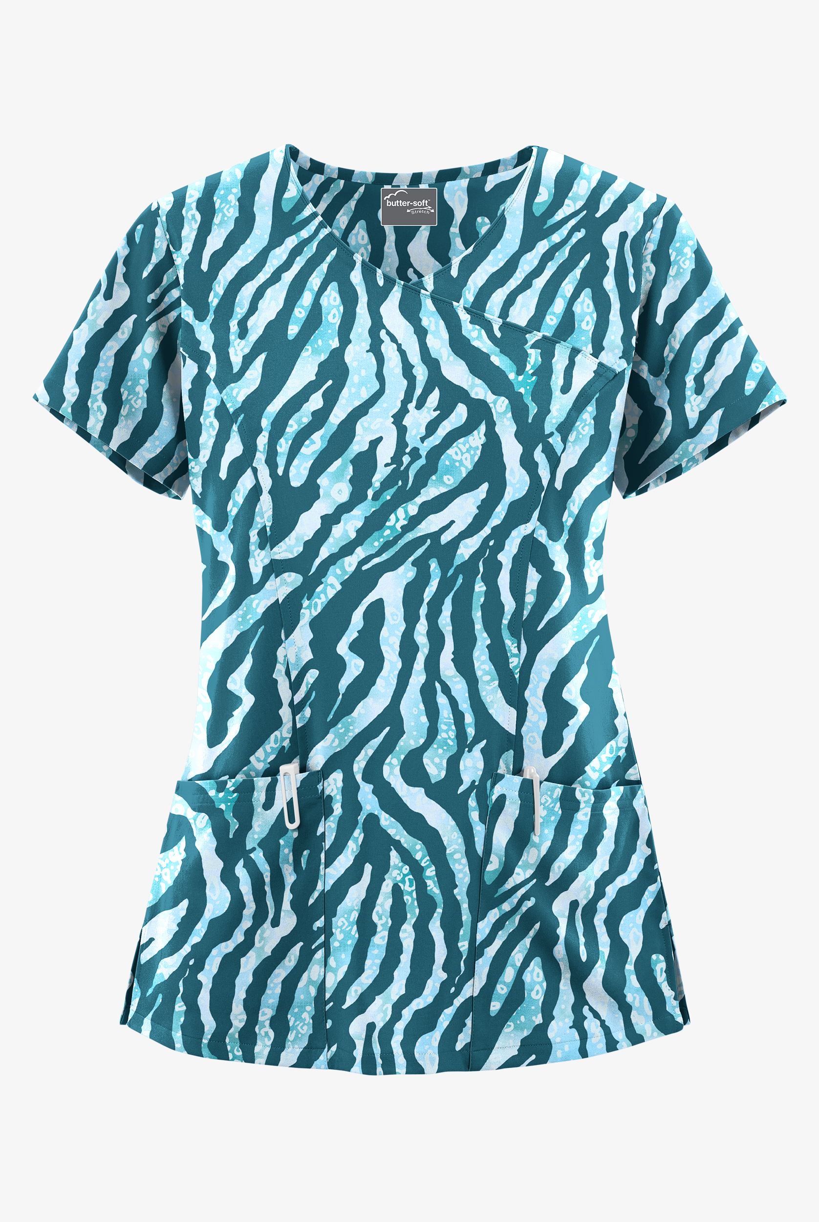 Butter-Soft STRETCH Tiger Fantasy Caribbean Blue Women's 3-Pocket V-Neck Mock Wrap Print Scrub Top