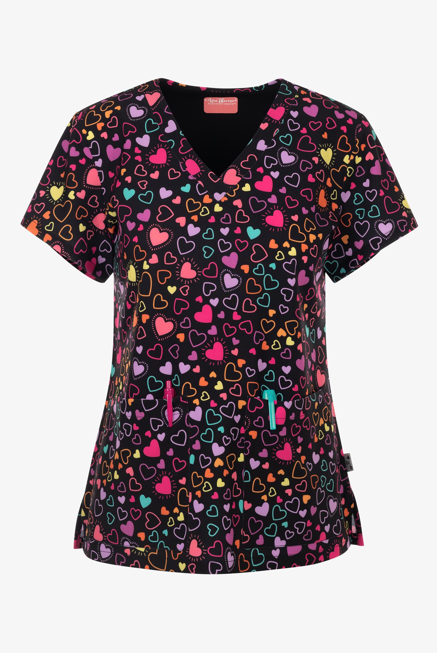 Zavate Ava Therese Happy Hearts Women's 2-Pocket STRETCH V-Neck Print Scrub Top