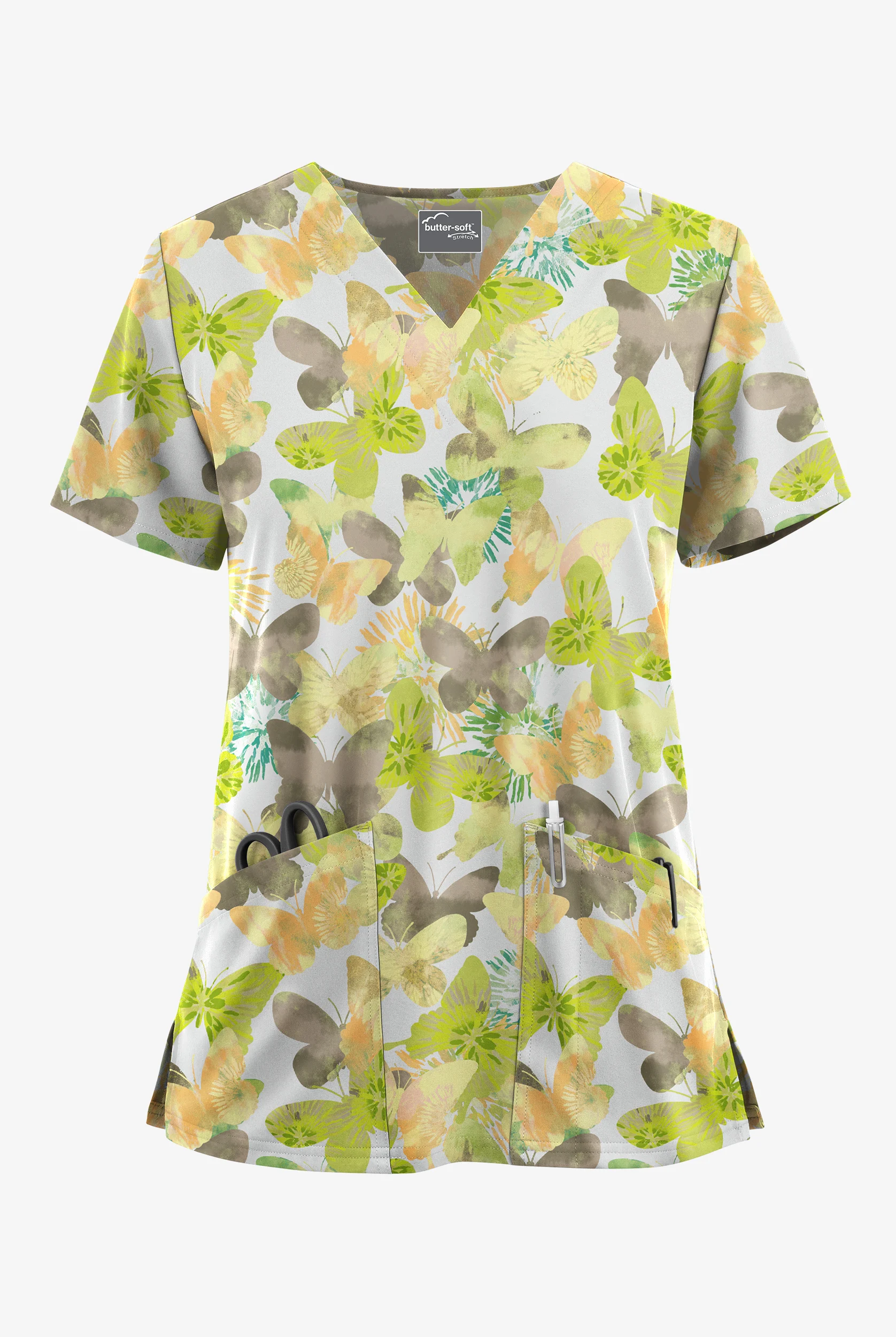 Blusa m&eacute;dica estampada Butter-Soft STRETCH Wings Of Love White con cuello en V y 2 bolsillos para mujer