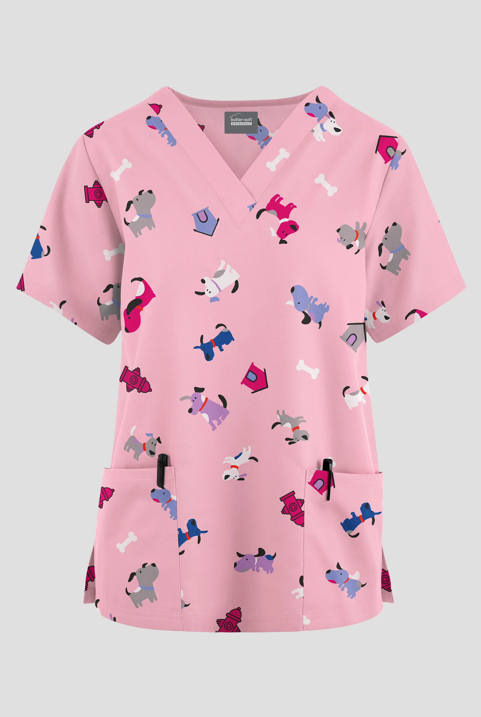 Butter-Soft Originals A Dog's Life Blush Women's 2-Pocket V-Neck Print Scrub Top