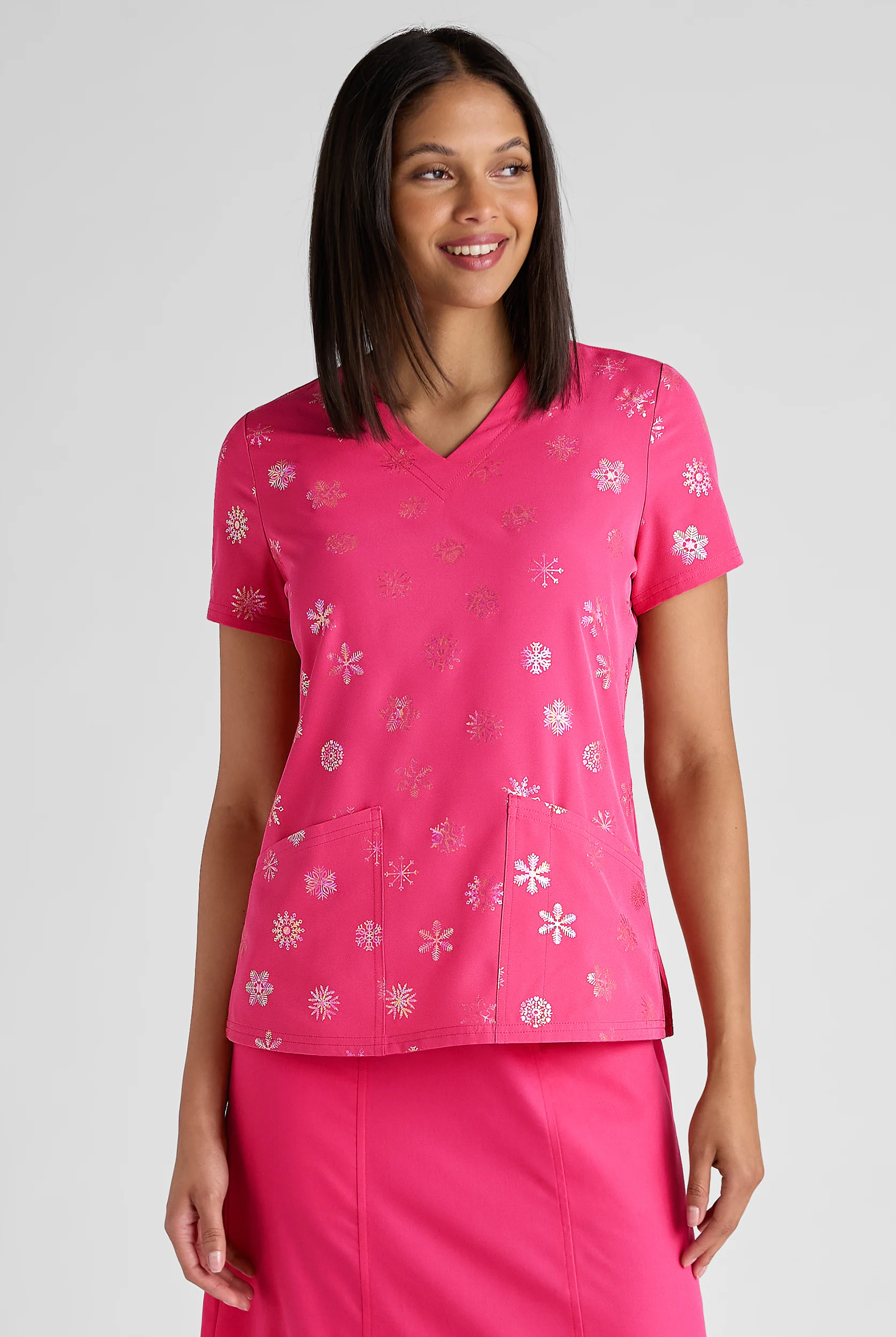 Butter-Soft STRETCH Shimmer Flurries Fuchsia Foil Women's 2-Pocket V-Neck Print Scrub Top
