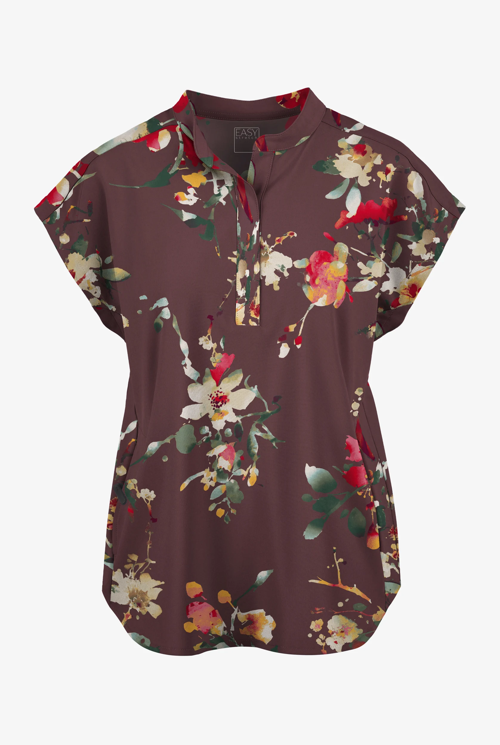 Butter-Soft STRETCH Abstract Garden Dark Cocoa Women's Dolman Sleeve Print Scrub Top