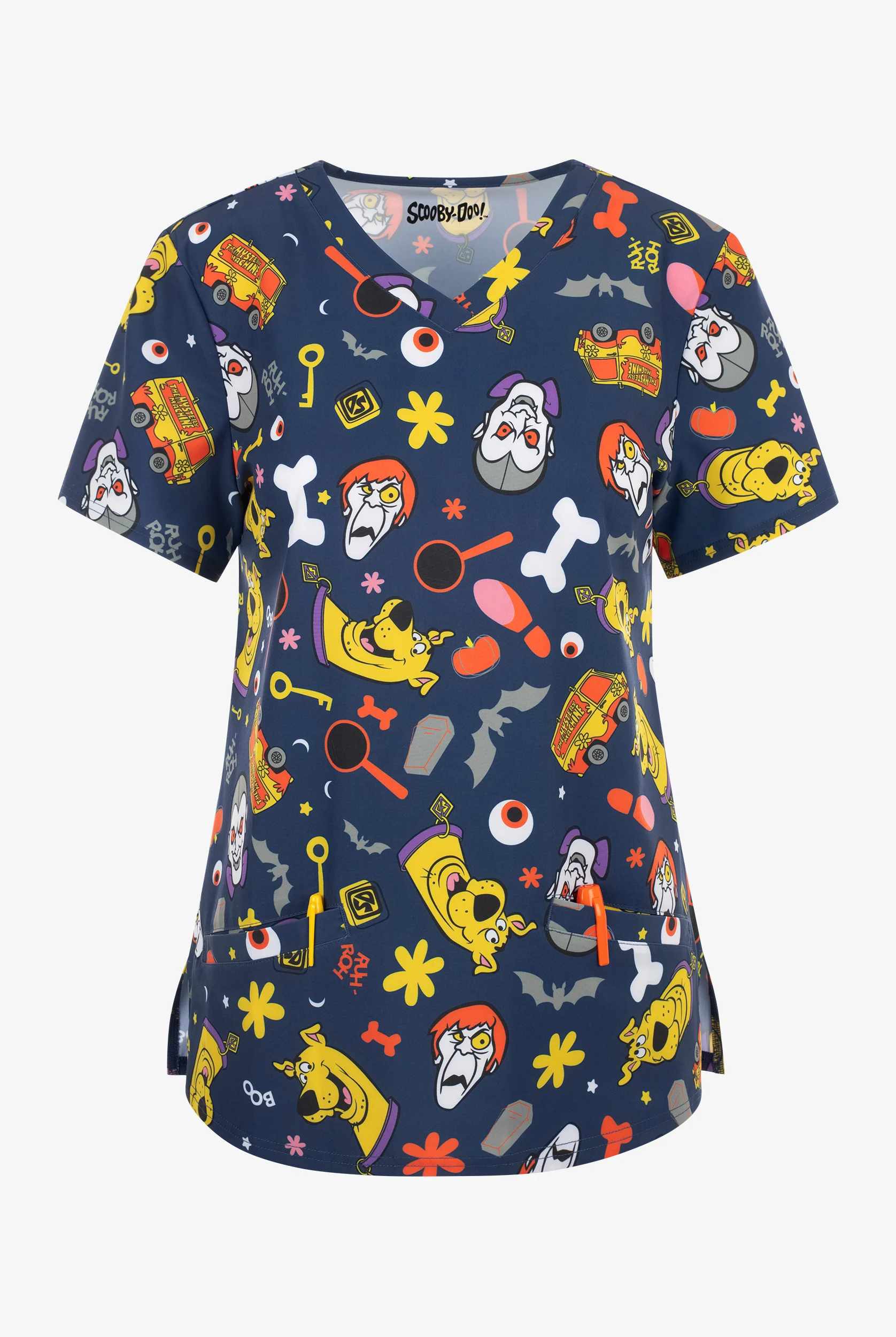 Blusa médica estampada FUNSCRUBS Scooby Doo Halloween STRETCH con cuello en V y 2 bolsillos para mujer
