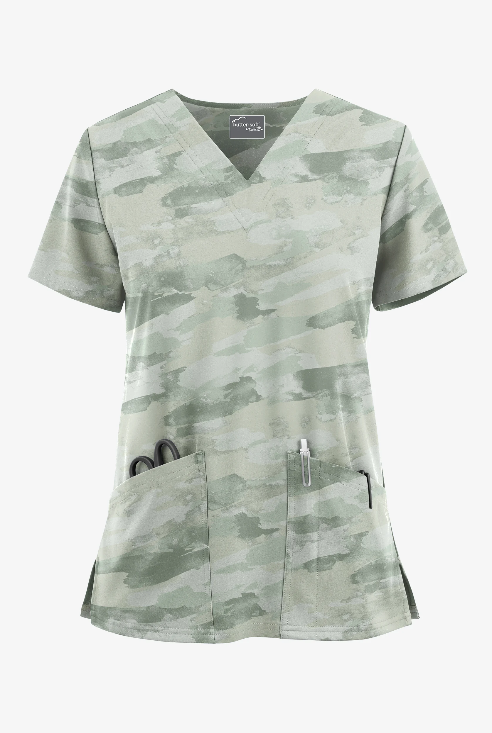Blusa médica estampada UA Butter-Soft STRETCH Marbled Camo Sage Green con cuello en V y 2 bolsillos para mujer
