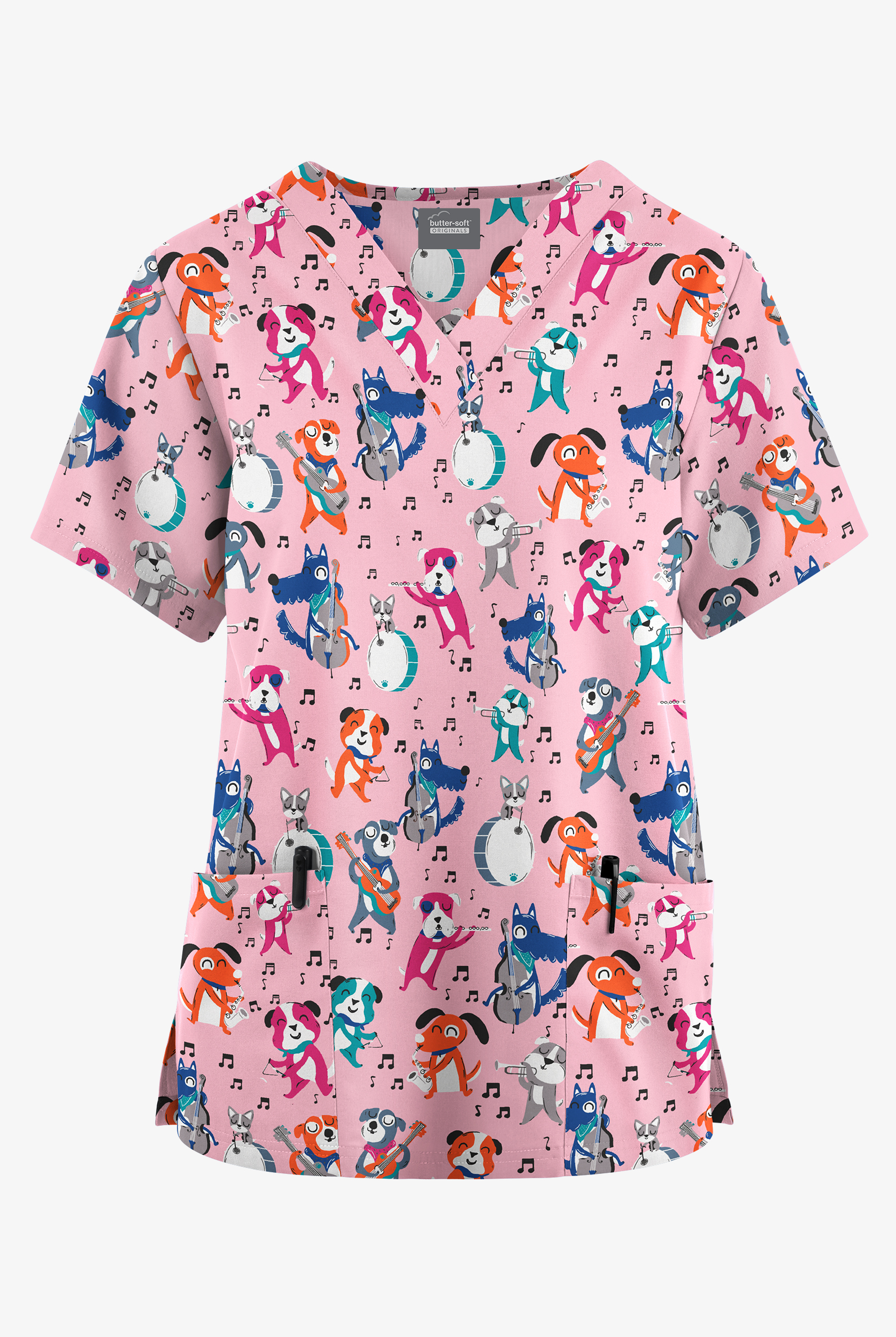 Butter-Soft Originals Jazz It Up Blush  Women's 2-Pocket Classic Fit V-Neck Print  Scrub Top