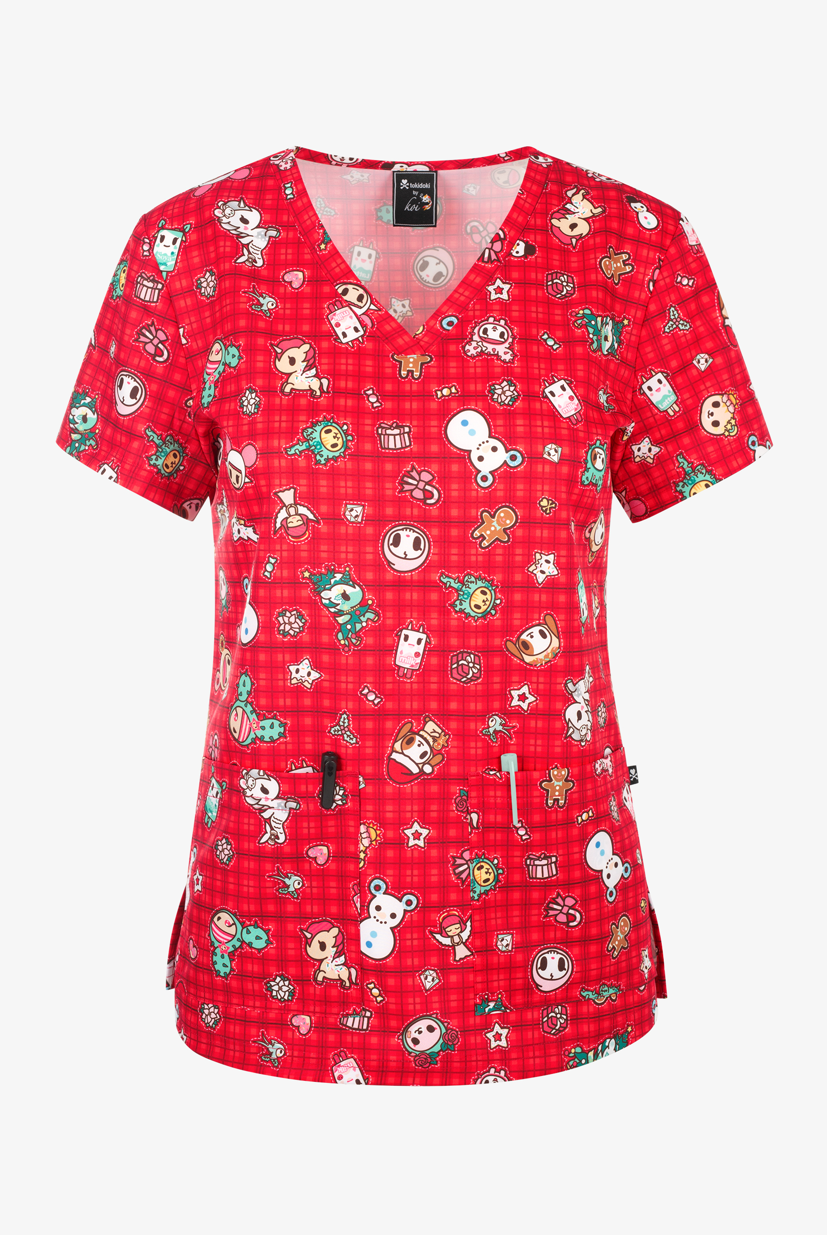 koi Tokidoki Holiday Flanel Women's 2-Pocket STRETCH V-Neck Print Scrub Top