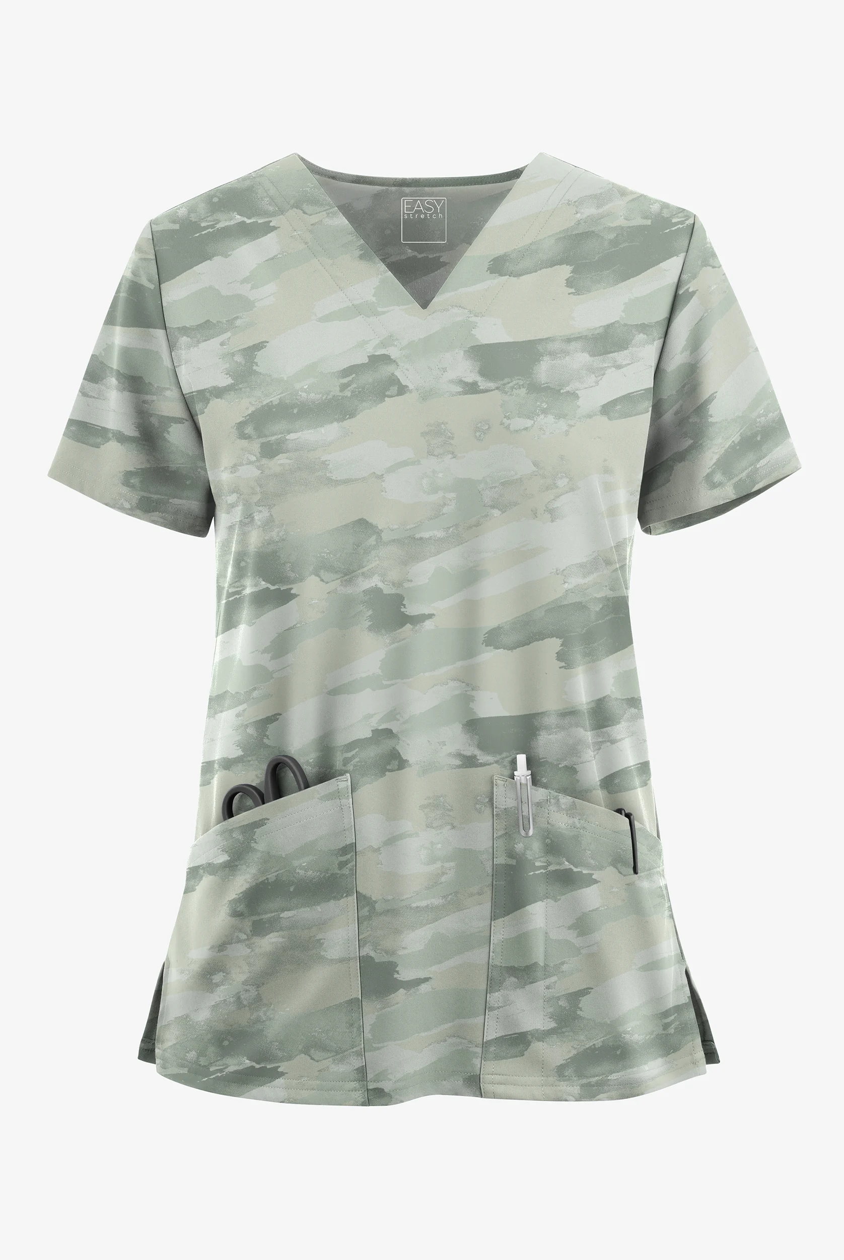 Butter-Soft STRETCH Marbled Camo Sage Green Women's 2-Pocket V-Neck Print Scrub Top