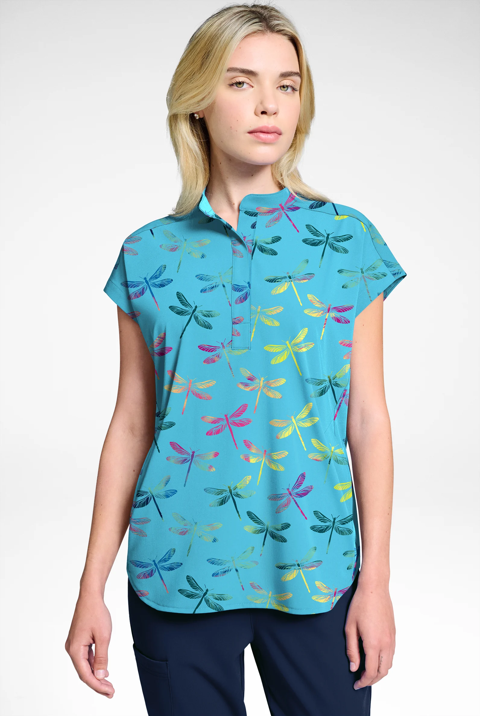 Butter-Soft STRETCH Dragonfly Dance Turquoise Women's Dolman Print Scrub Top