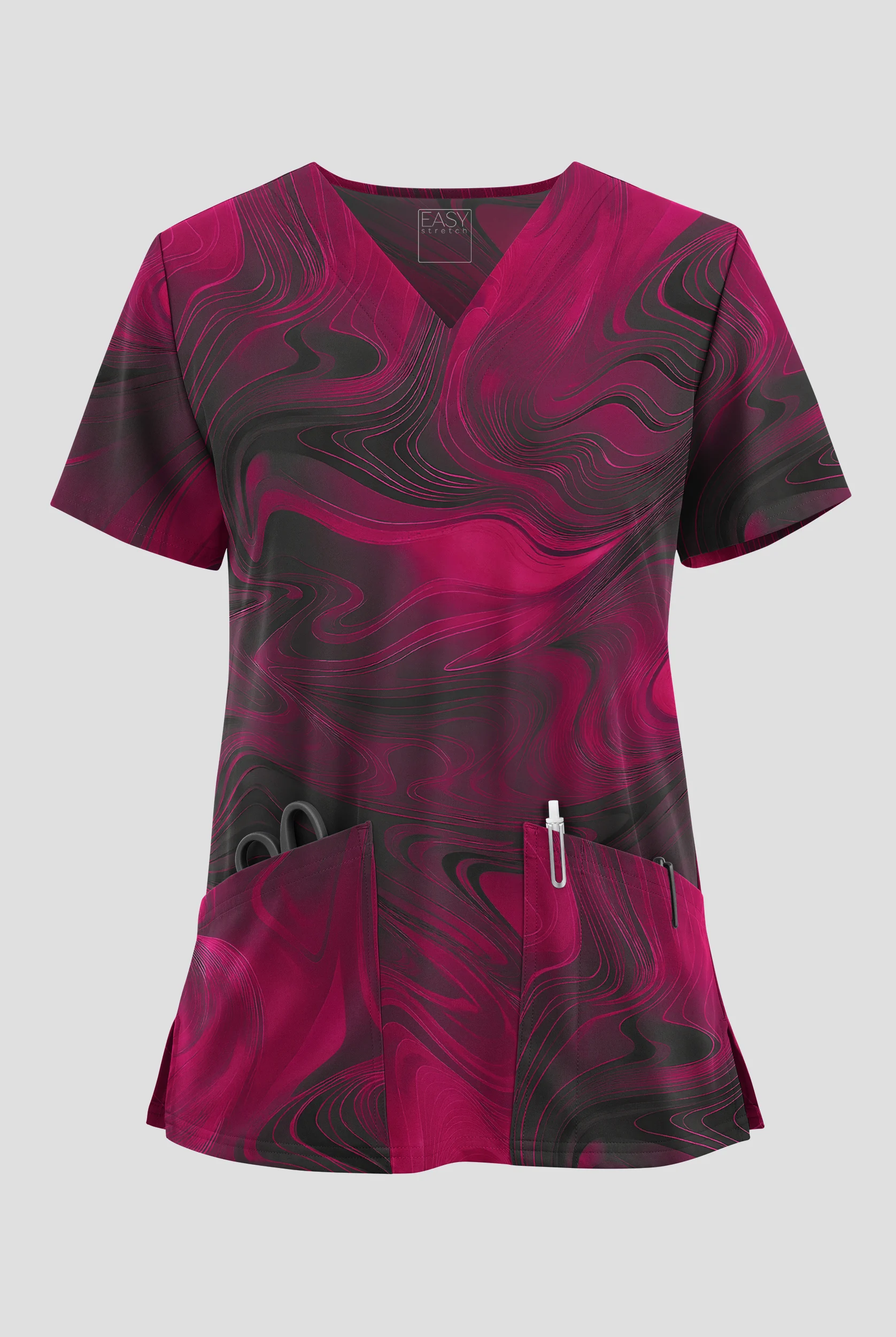 Blusa médica estampada Easy STRETCH Dreamy Waves Wine con cuello en V y 2 bolsillos para mujer