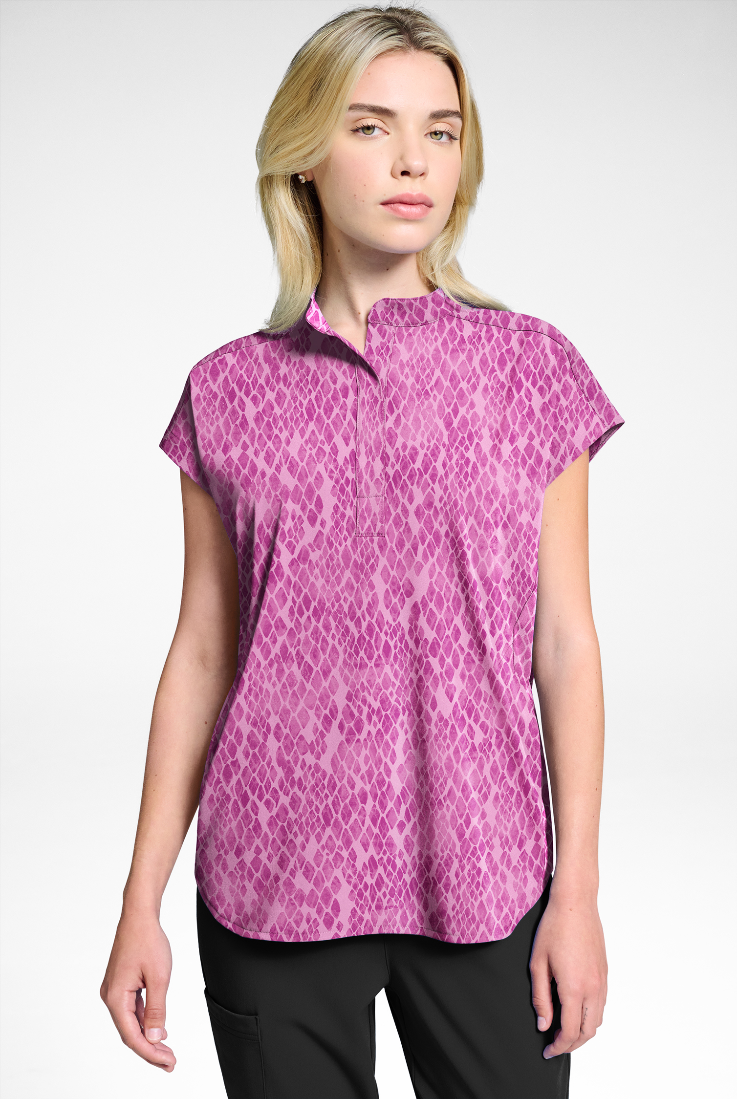 Easy STRETCH Subtle Snake Electric Fuchsia Women's Dolman Print Scrub Top