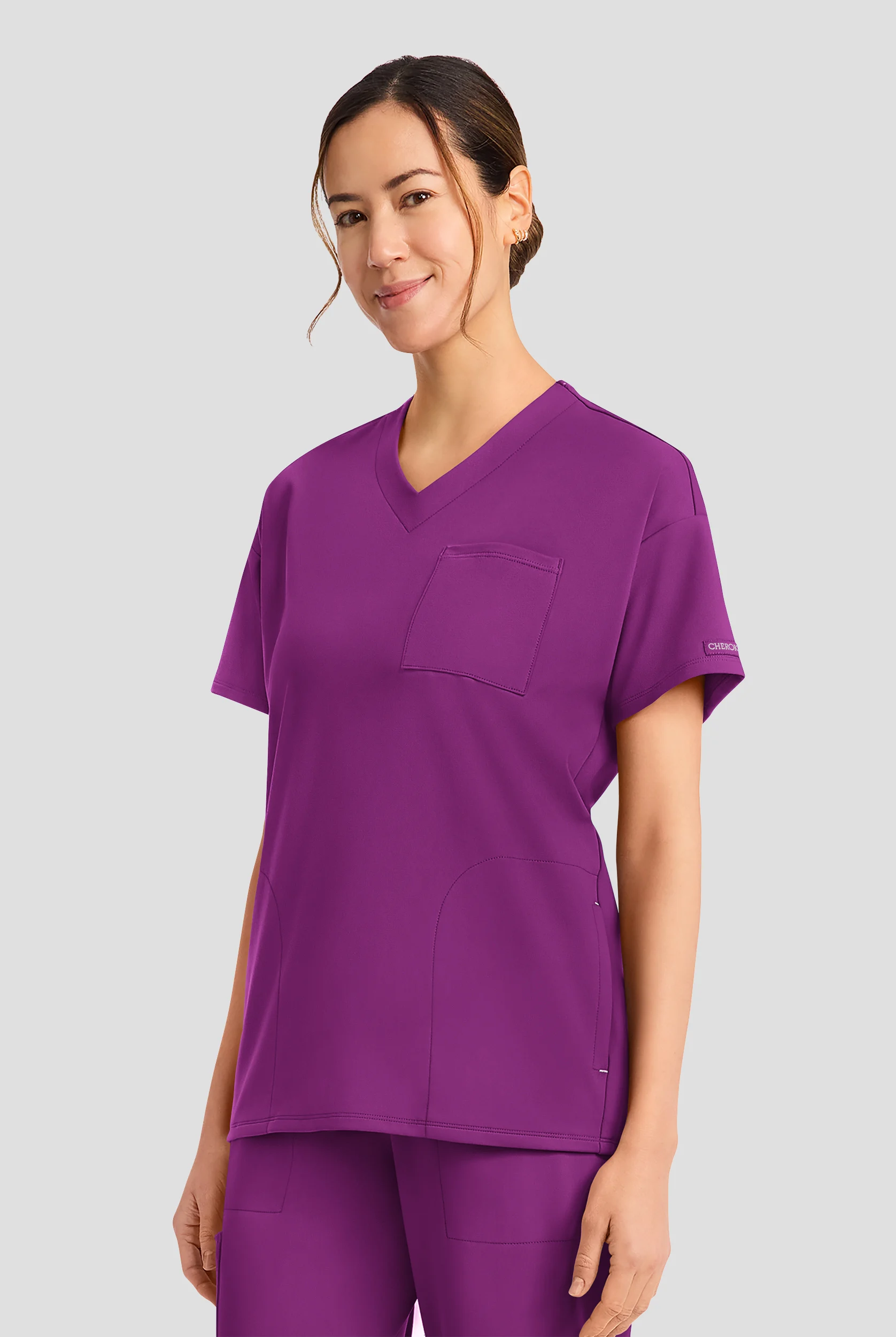 Cherokee Achieve Women's 3-Pocket  STRETCH Tunic V-Neck Knit Scrub Top