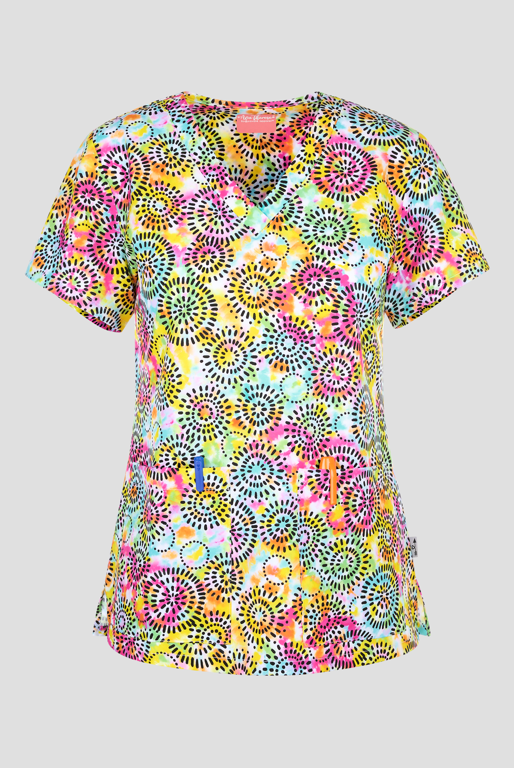 Blusa médica estampada Zavate Ava Therese Bold Motion STRETCH con cuello en V y 2 bolsillos para mujer