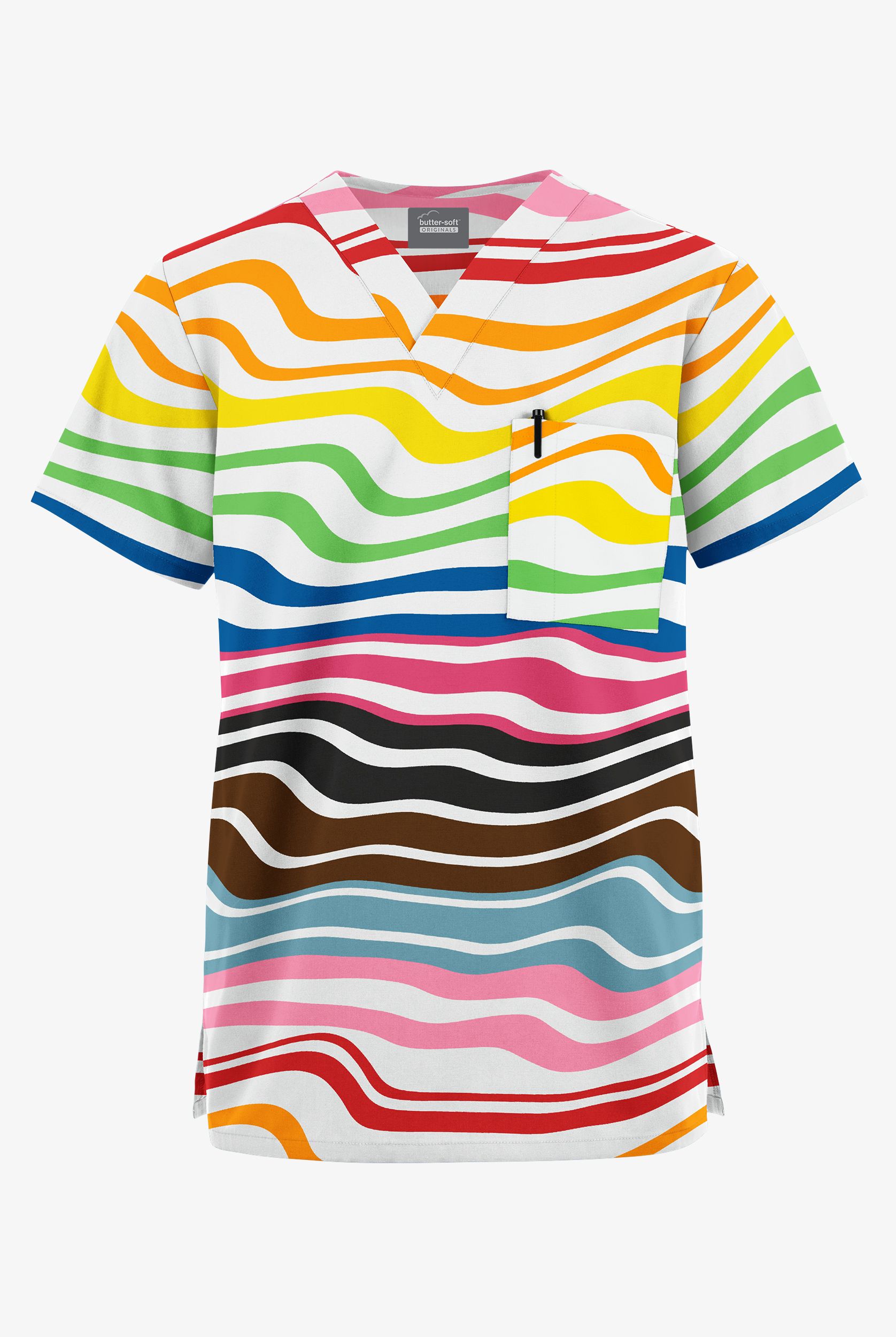 Butter-Soft Originals Wavy Stripe Unisex 2-Pocket V-Neck Print Scrub Top