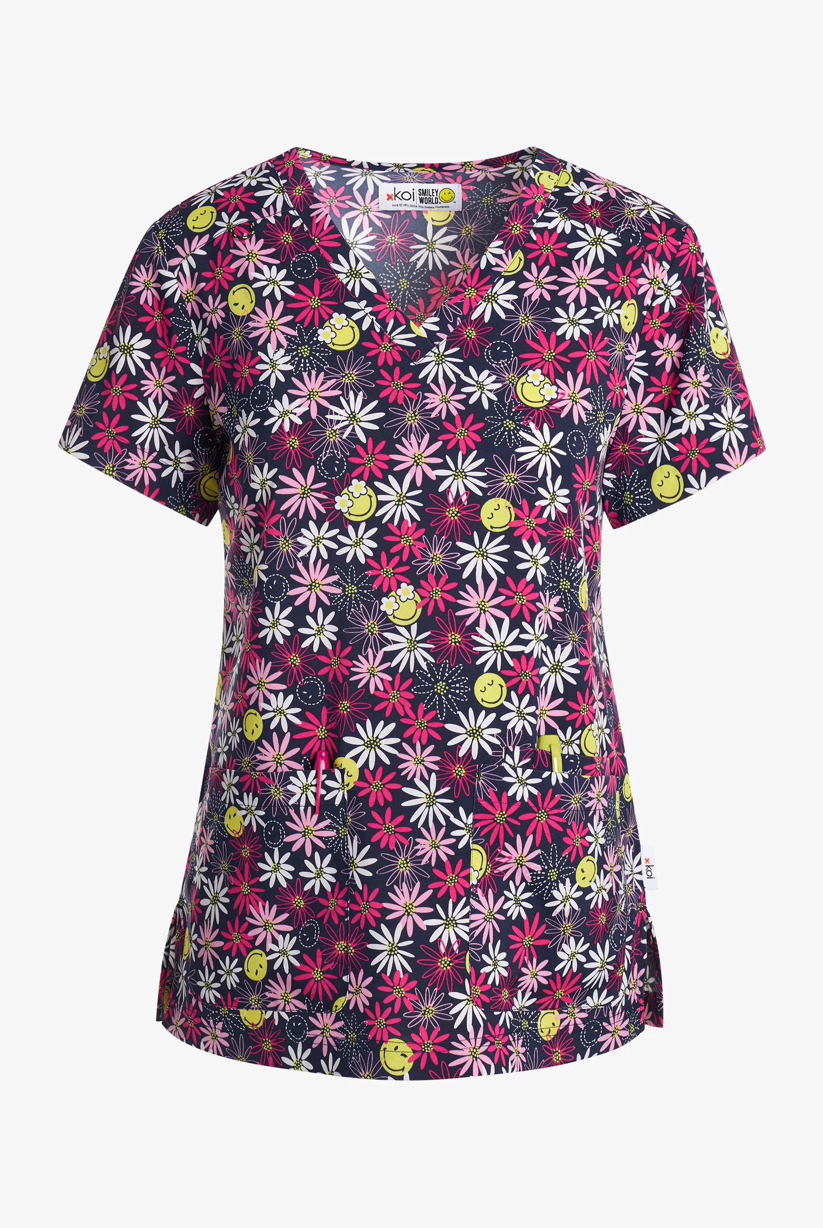 koi Smiley World Smile Daisy Women's 3-Pocket STRETCH V-Neck Print Scrub Top