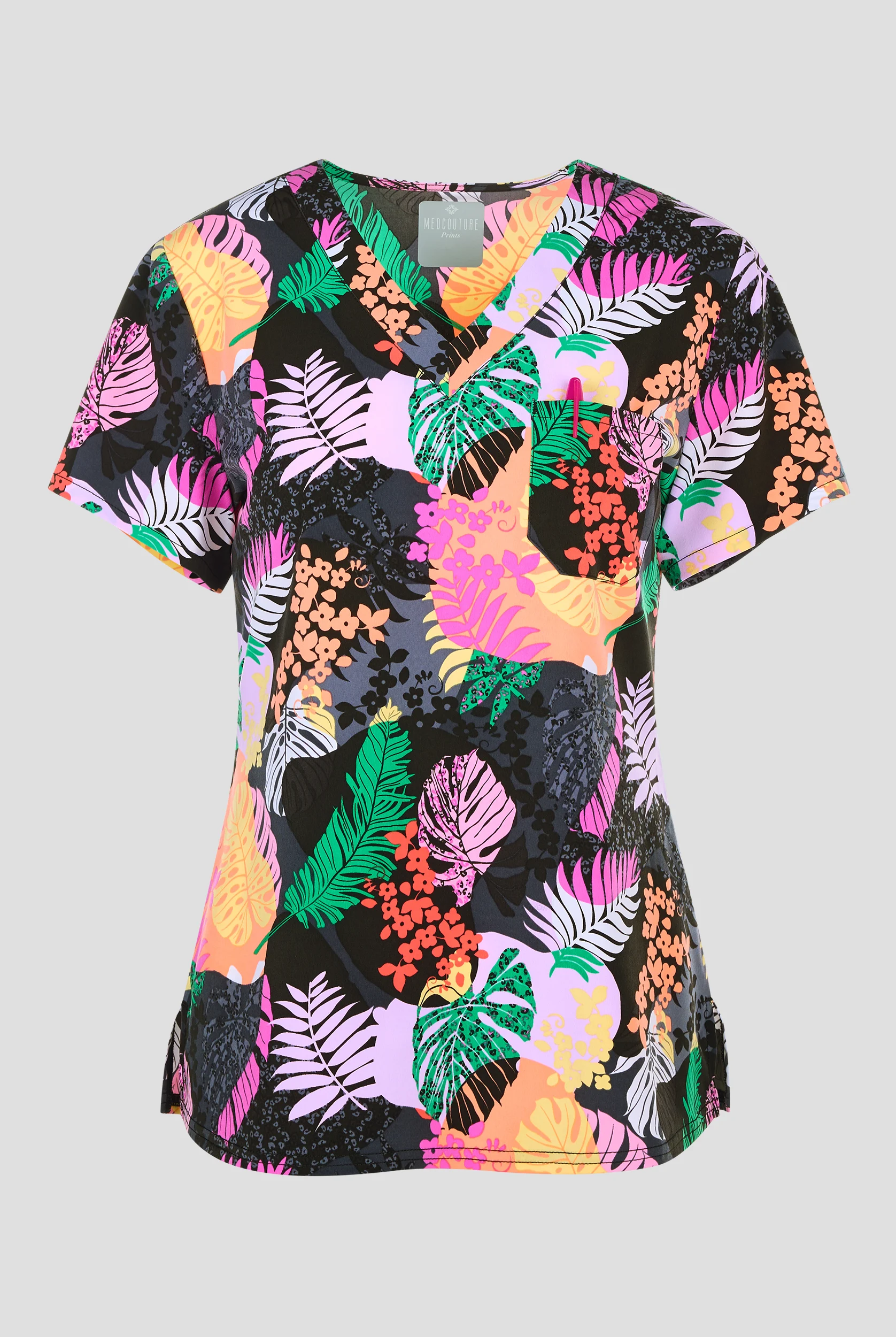 Med Couture Jungle Vibes Women's 1-Pocket STRETCH Tuck In V-Neck Print Scrub Top