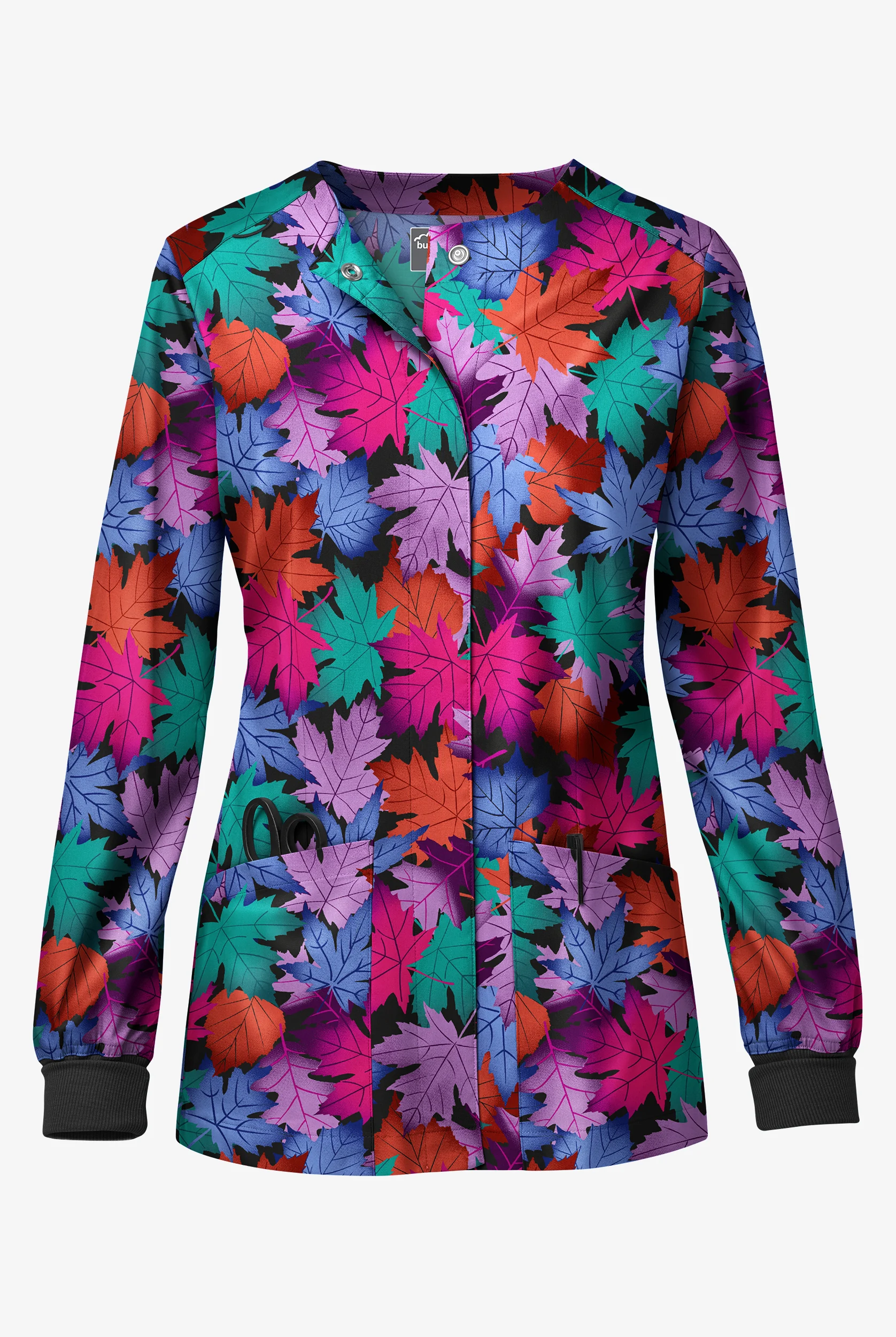 Chaqueta médica estampada UA Butter-Soft STRETCH Autumn Foliage con 3 bolsillos y botones a presión para mujer