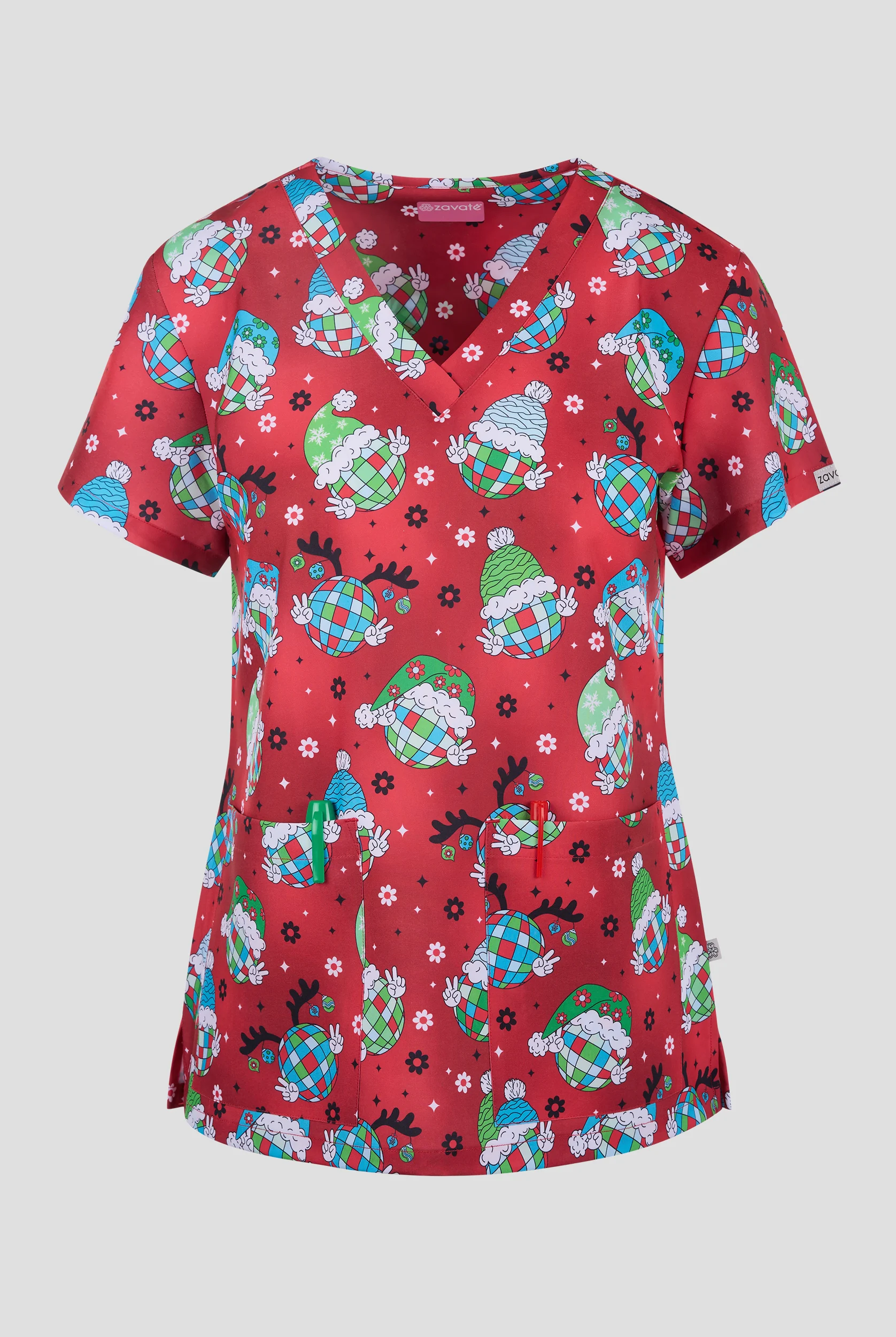 Zavate Ava Therese Festive Funk Women's 2-Pocket STRETCH V-Neck Print Scrub Top
