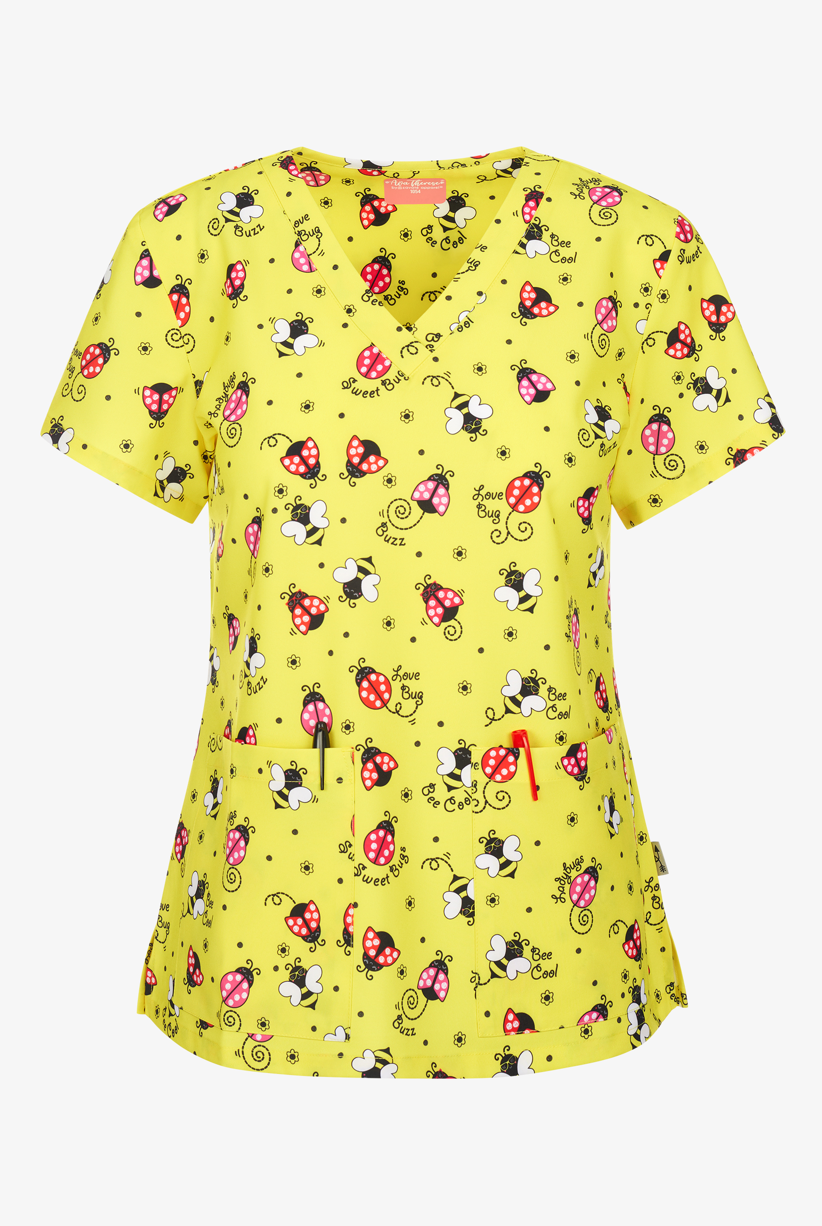 Zavate Ava Therese Buzzln' Around Women's 2-Pocket STRETCH V-Neck Print Scrub Top