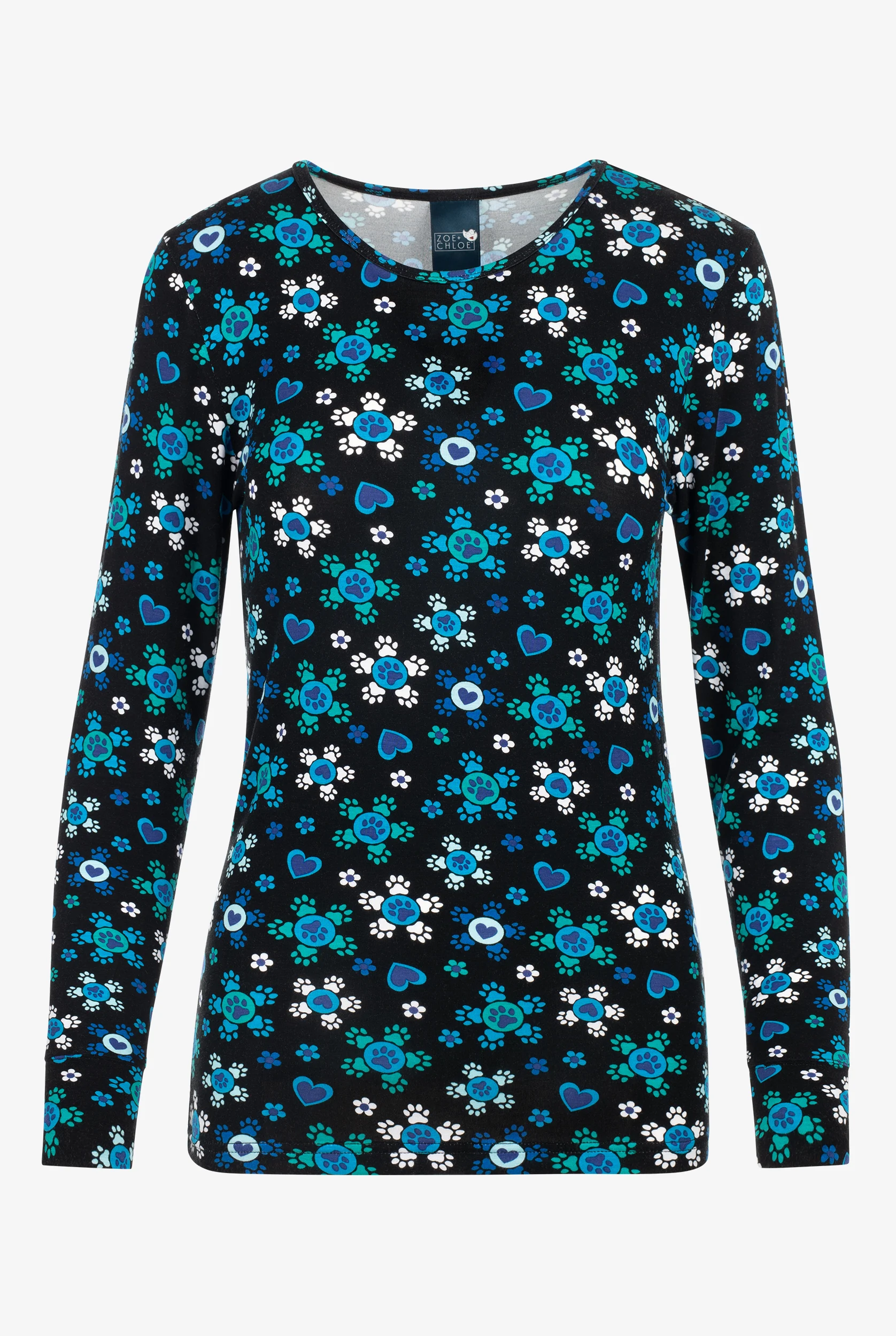 Zoe & Chloe Fur-Fetti Hearts & Paws Women's STRETCH  Long Sleeve Knit Print Underscrub