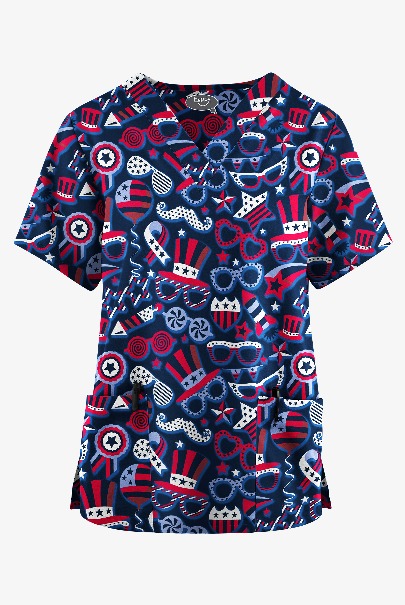 Happy Scrubs Stars & Stripes Navy Women's 2-Pocket V-Neck Print Scrub Top