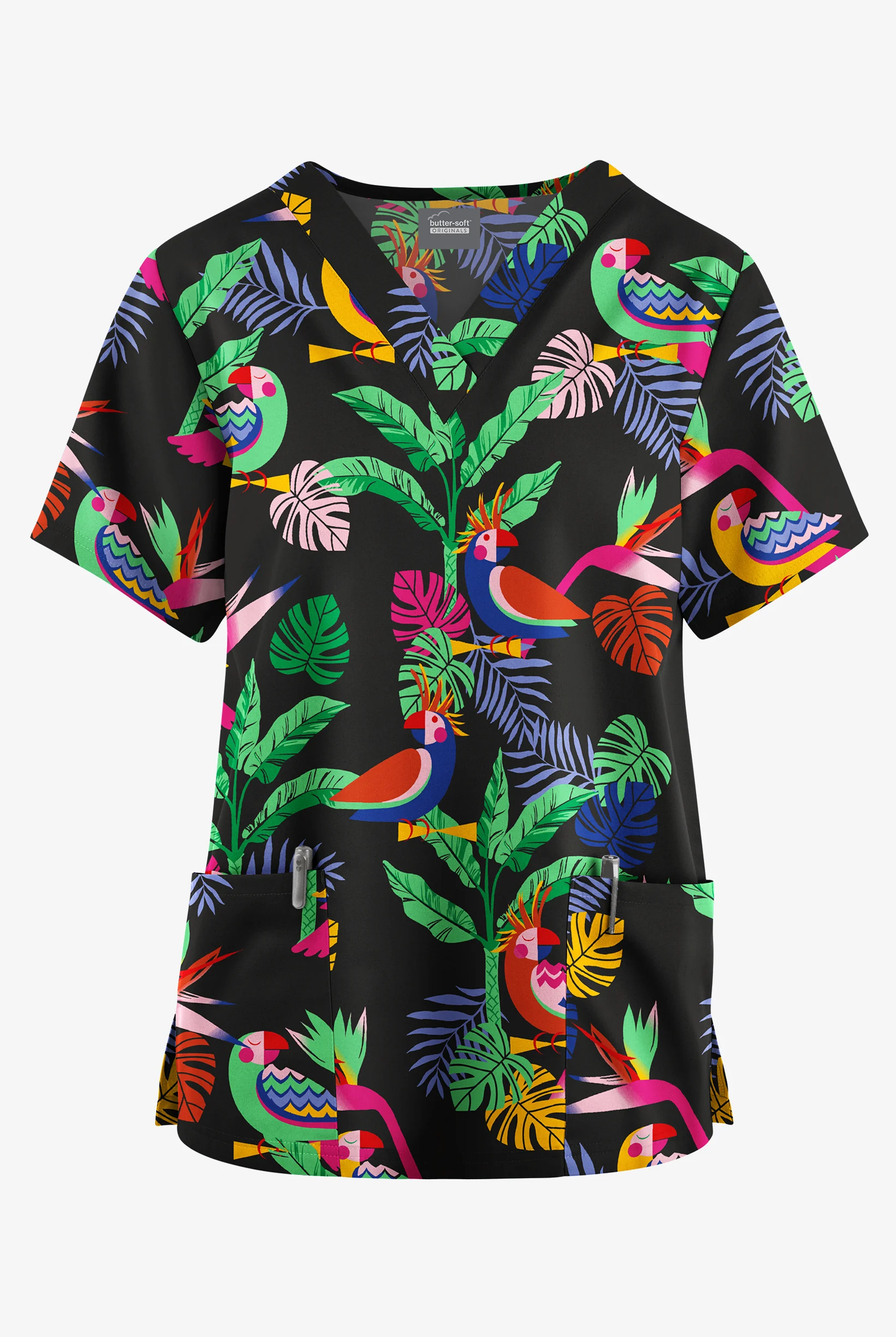 Butter-Soft Originals Bird Of Paradise Black Women's 2-Pocket V-Neck Print Scrub Top