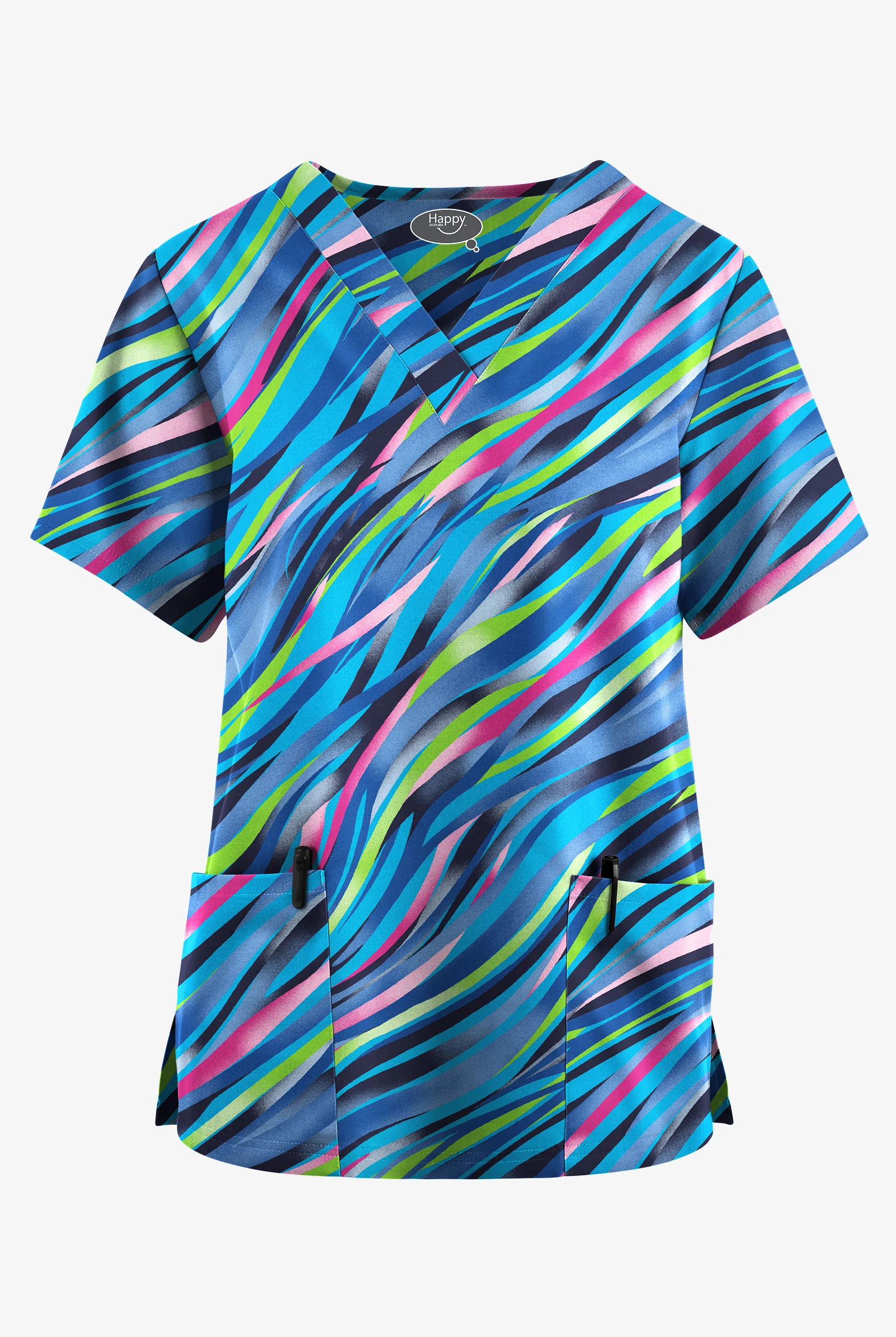 Happy Scrubs Color Waves Navy Women's 2-Pocket V-Neck Print Scrub Top