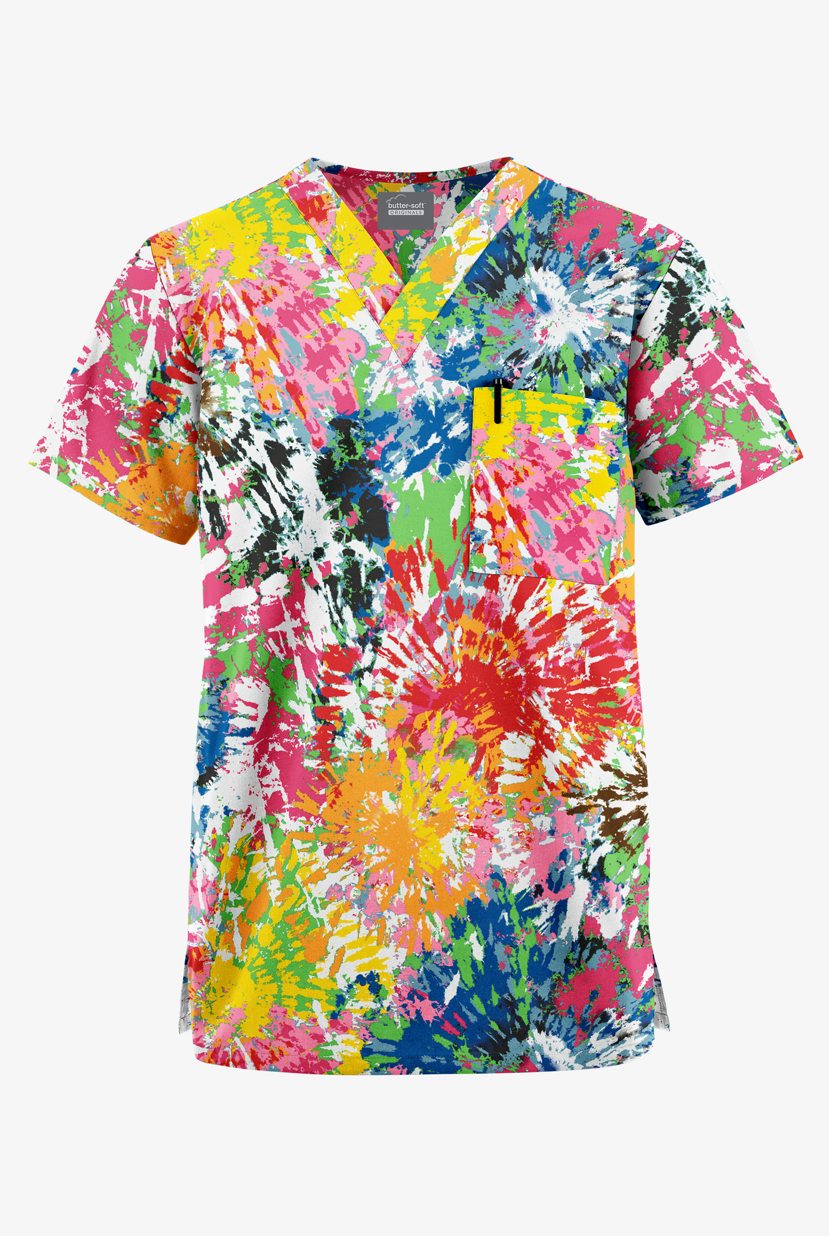 Butter-Soft Originals Rainbow Tie-Dye Unisex 2-Pocket V-Neck Print Scrub Top