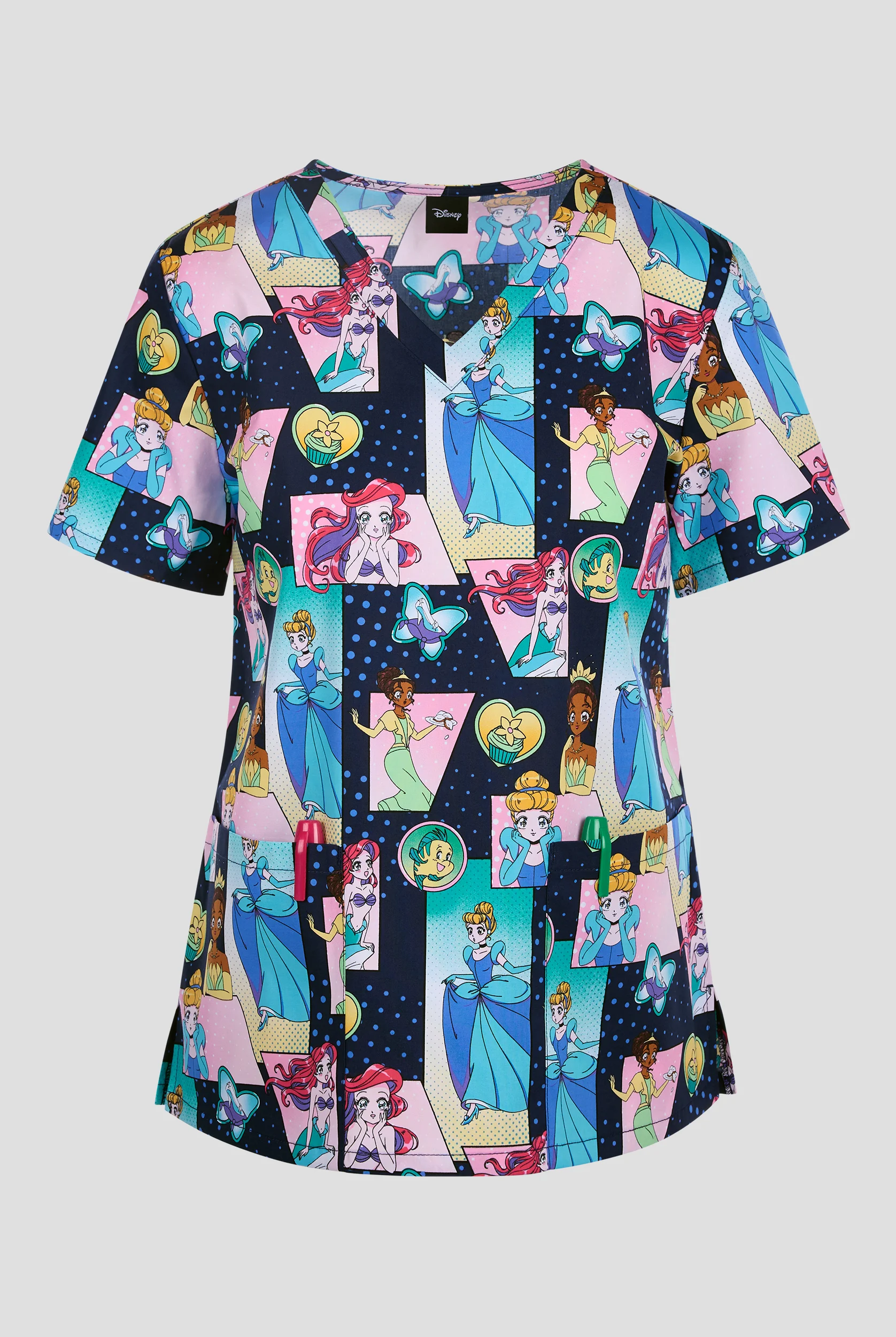Tooniforms Disney Comic Princess Women's 2-Pocket STRETCH V-Neck Print Scrub Top


