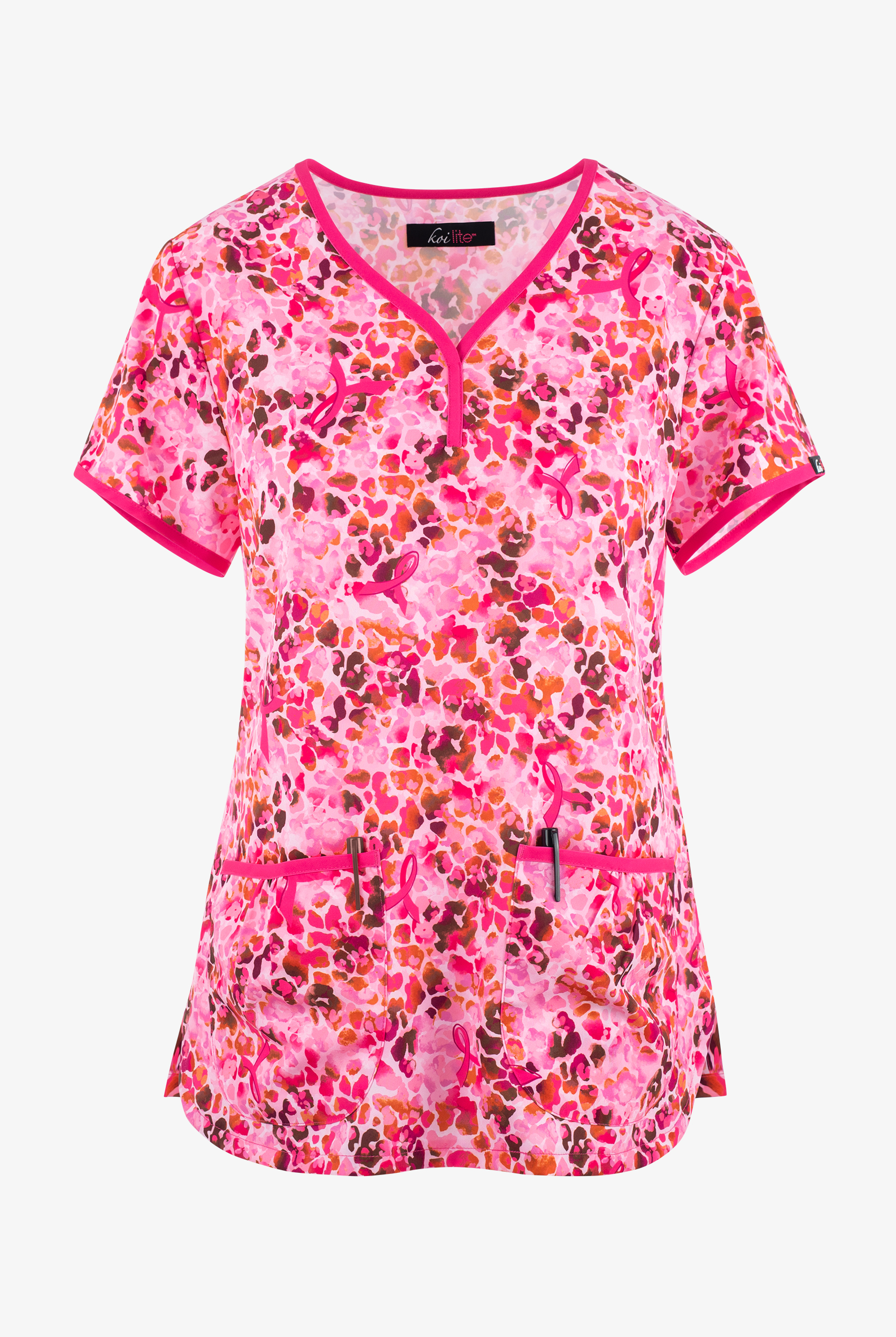 koi Lite Floral Safari Awareness Women's 2-Pocket STRETCH Y-Neck Print Scrub Top