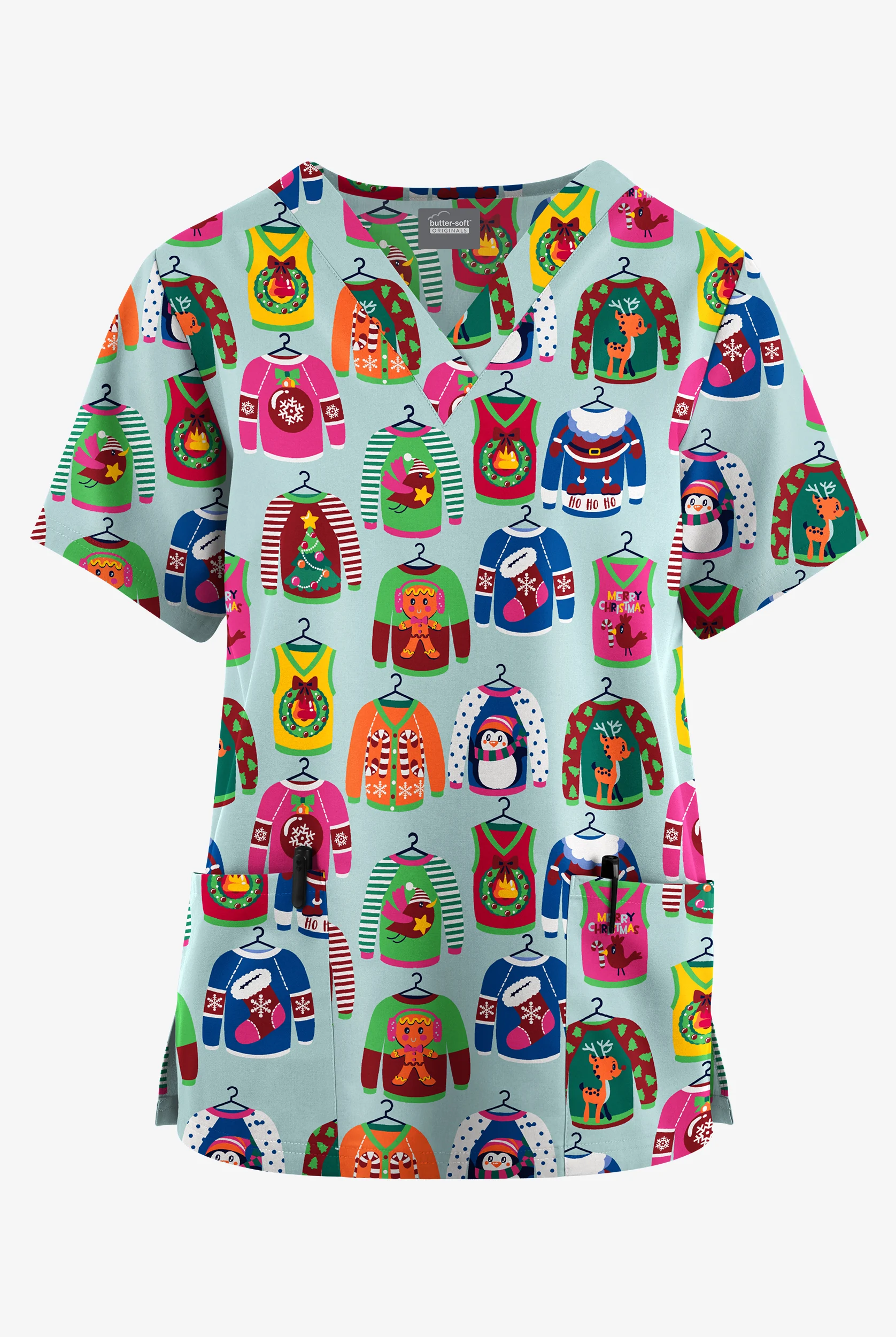 Butter-Soft Originals Christmas Sweaters  Women's 2-Pocket Classic Fit V-Neck Print Scrub Top